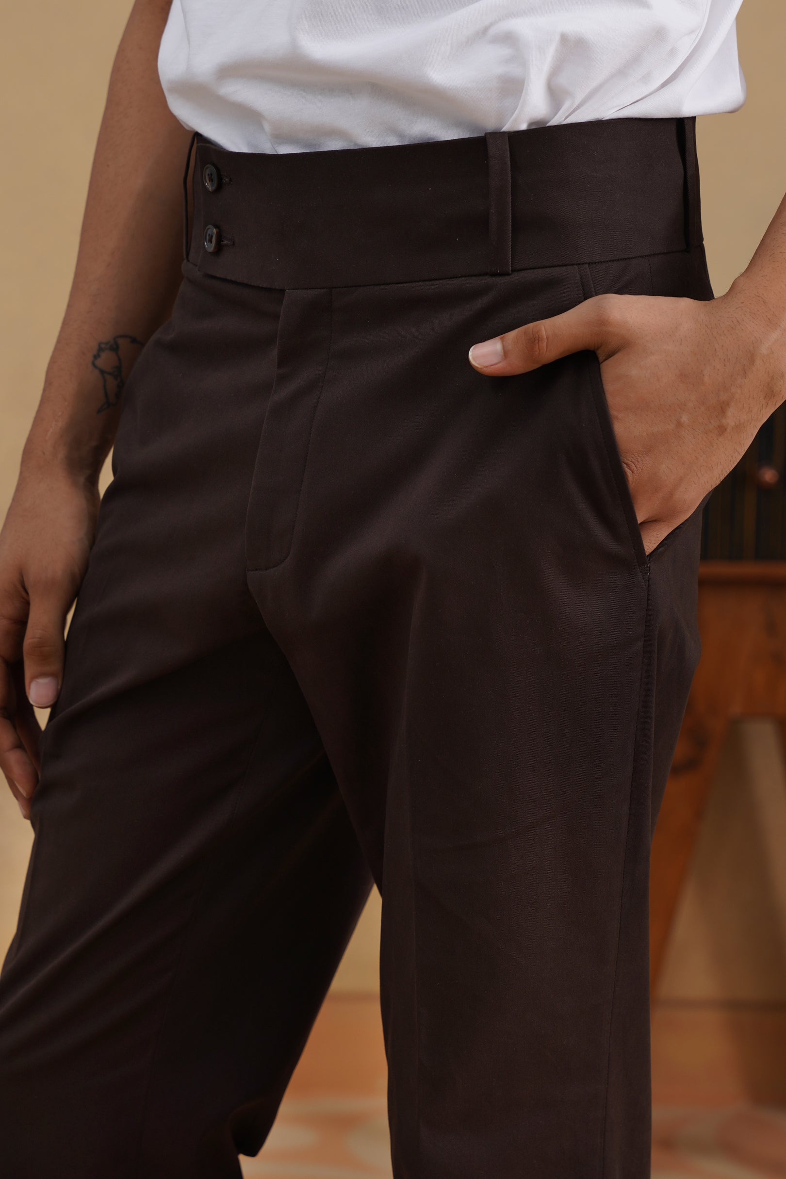 High-buckle Brown Cotton Trousers