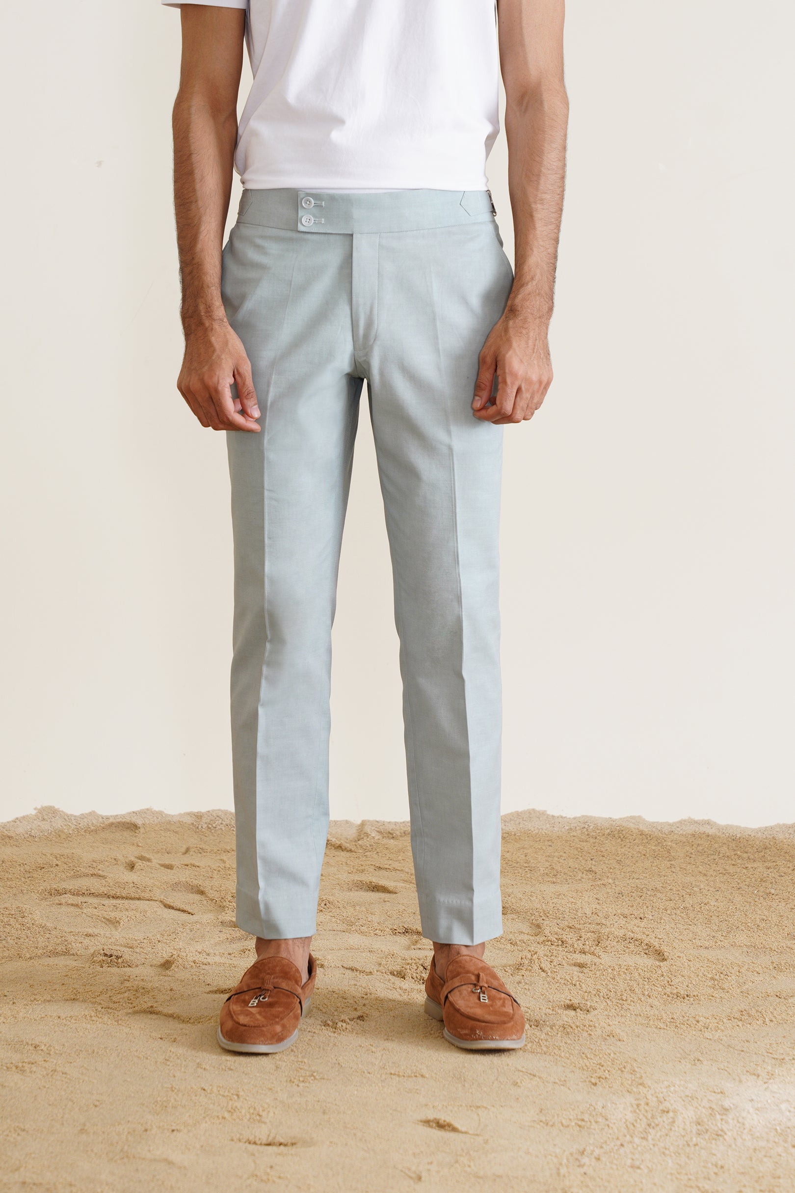 Blue High-Buckle Linen Trousers