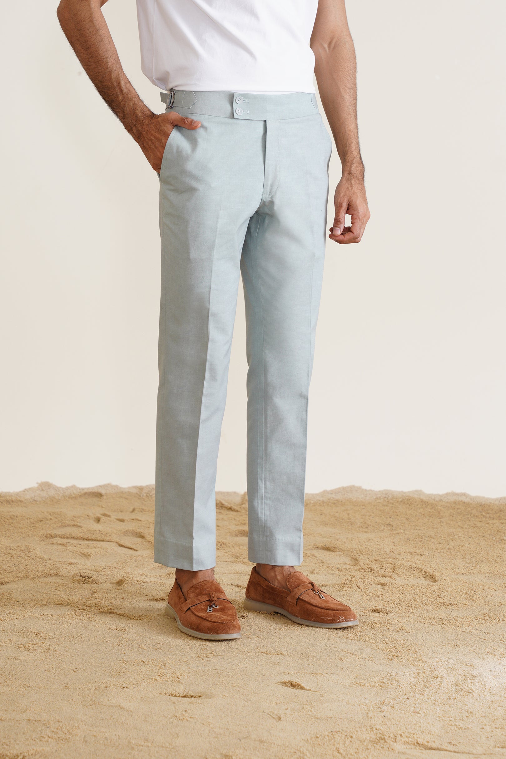 Blue High-Buckle Linen Trousers