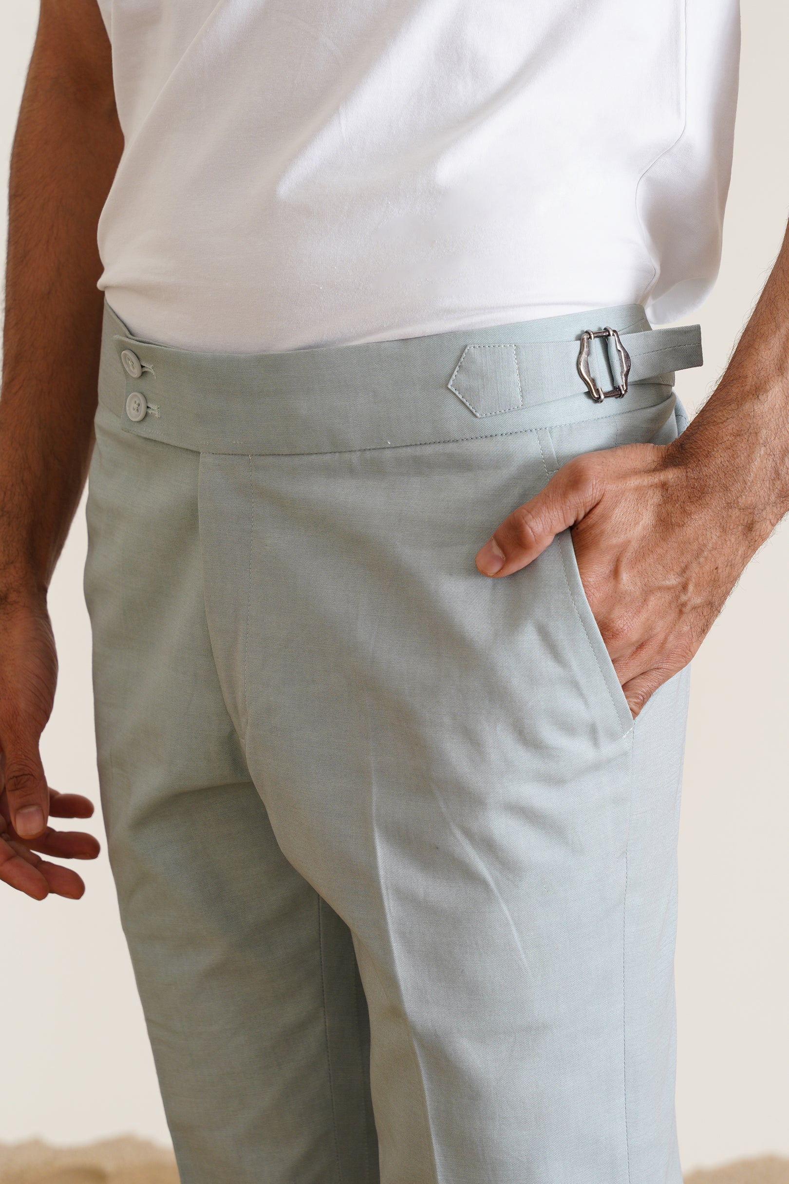Blue High-Buckle Linen Trousers