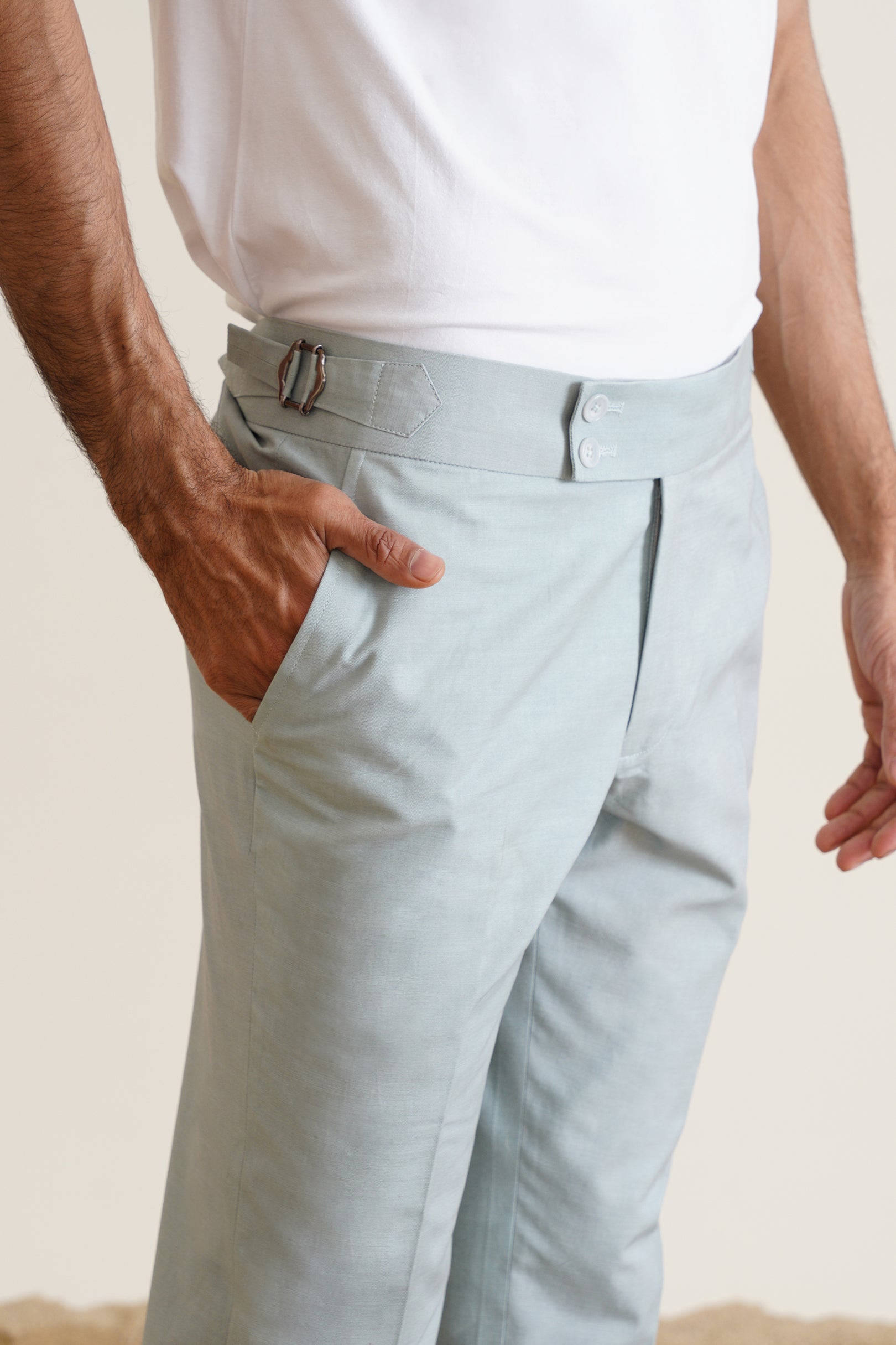 Blue High-Buckle Linen Trousers