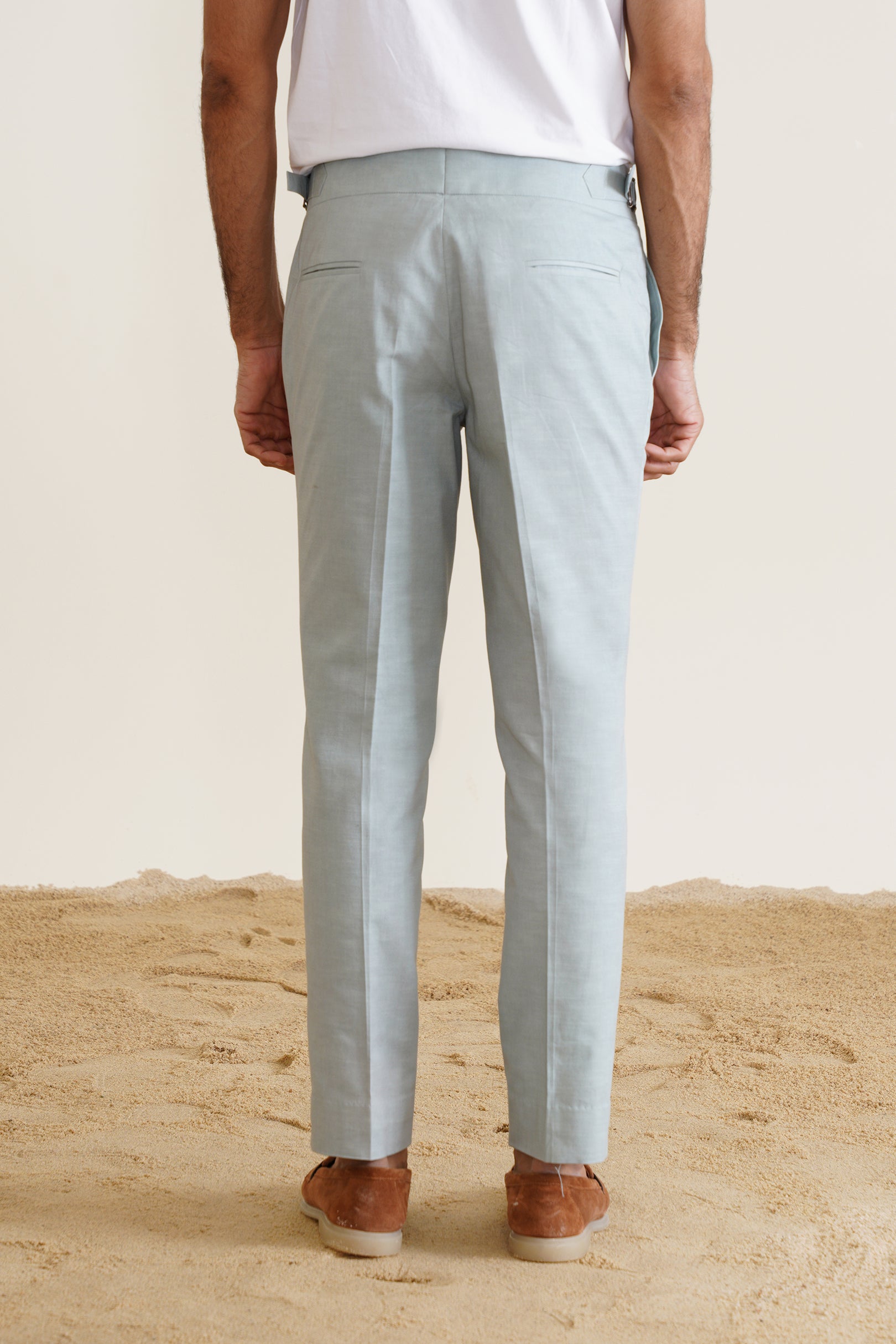 Blue High-Buckle Linen Trousers