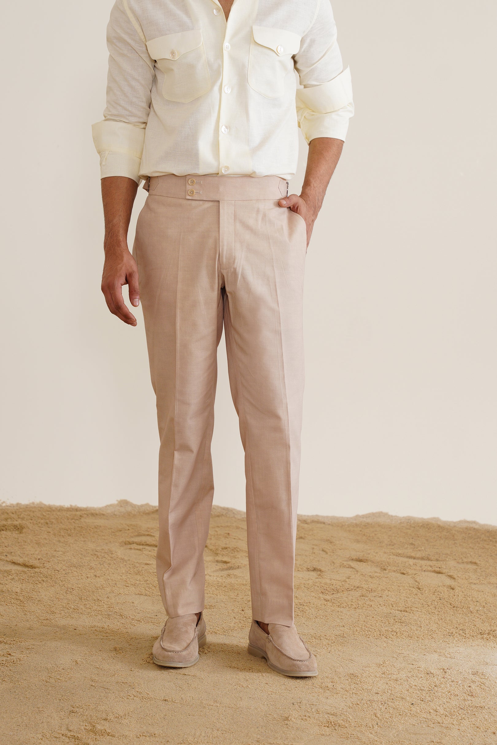 Beige Linen High-Buckle Trousers