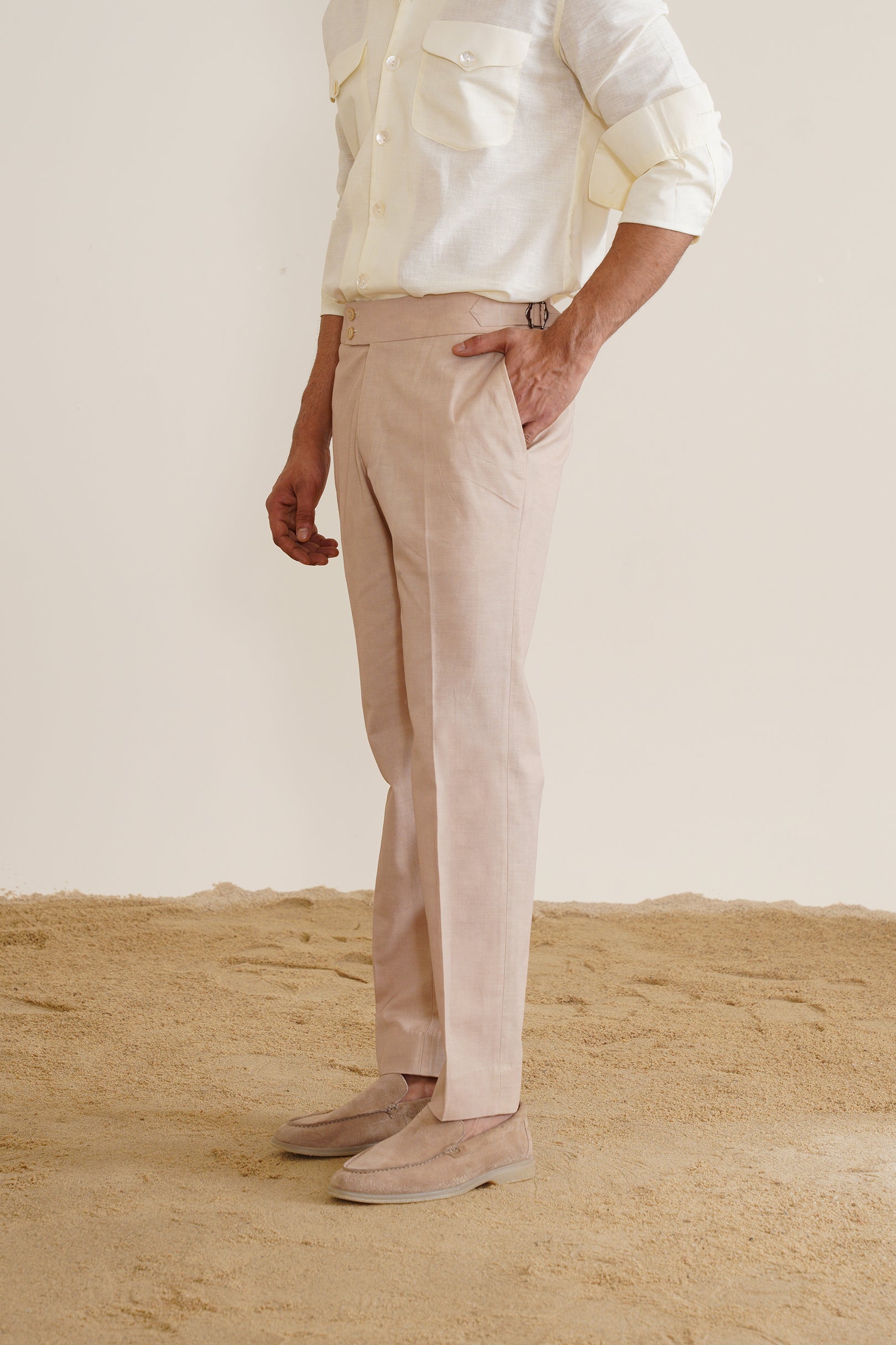 Beige Linen High-Buckle Trousers