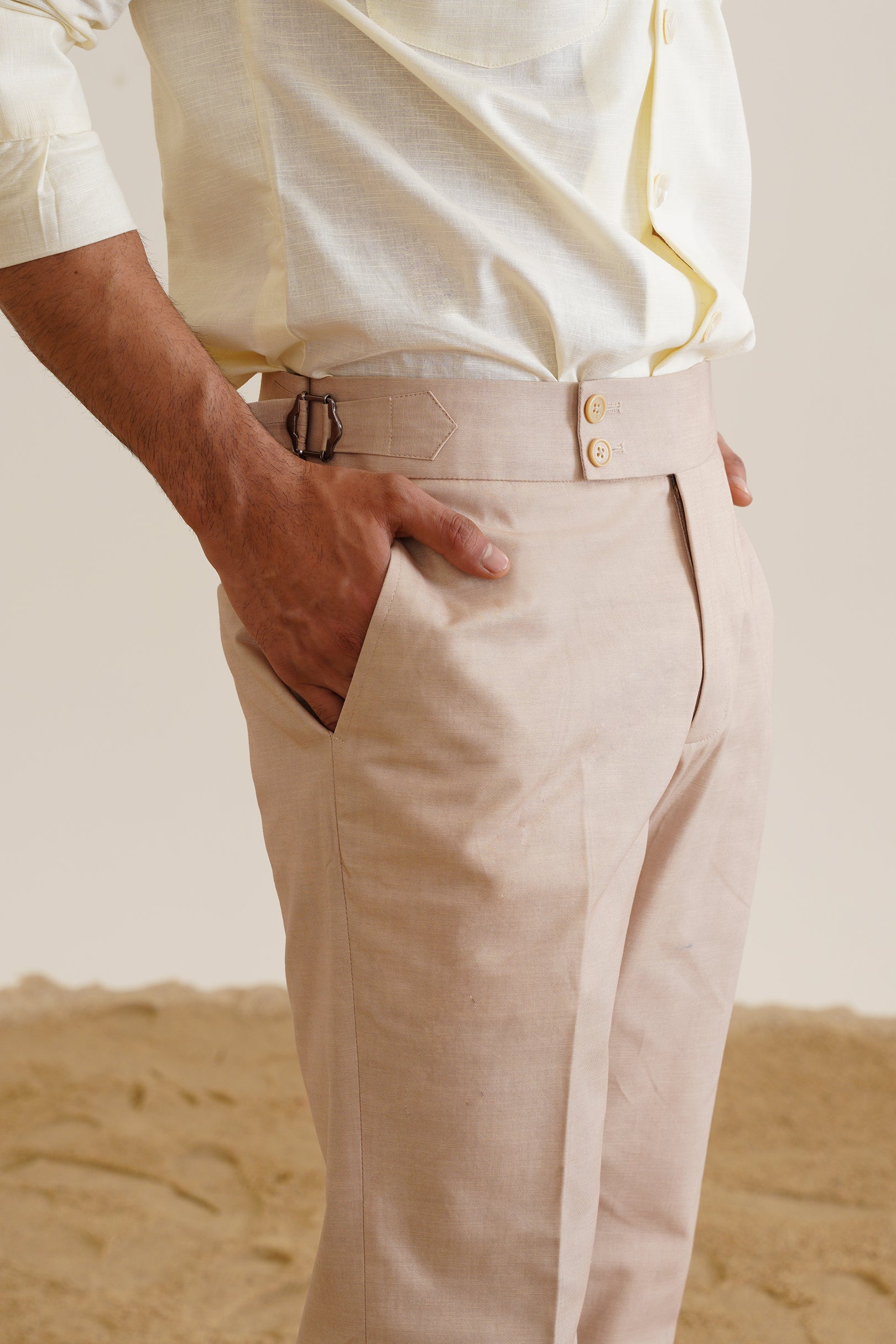 Beige Linen High-Buckle Trousers