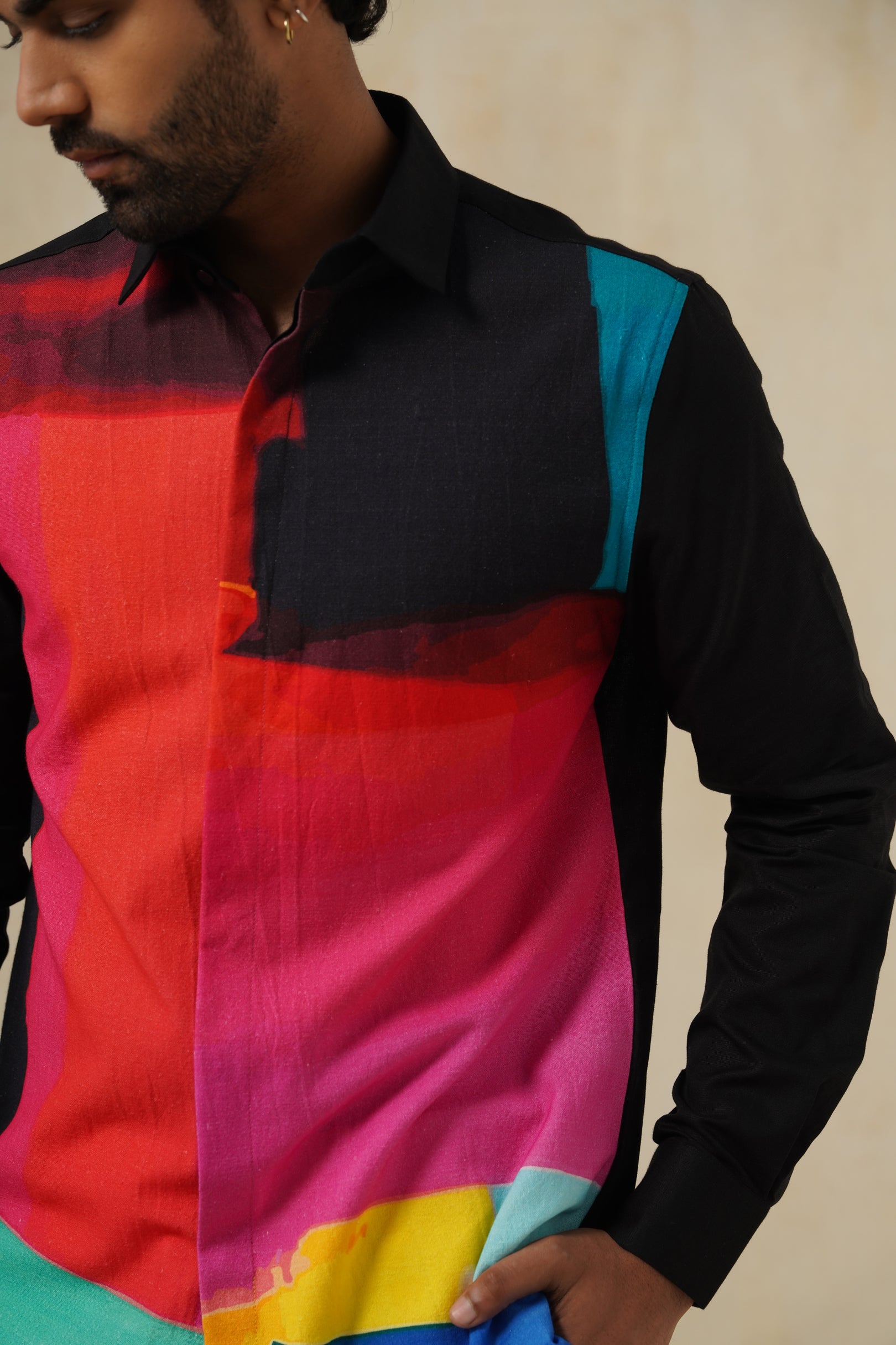 Noir Strokes | Men's Printed Cotton-Linen Shirt