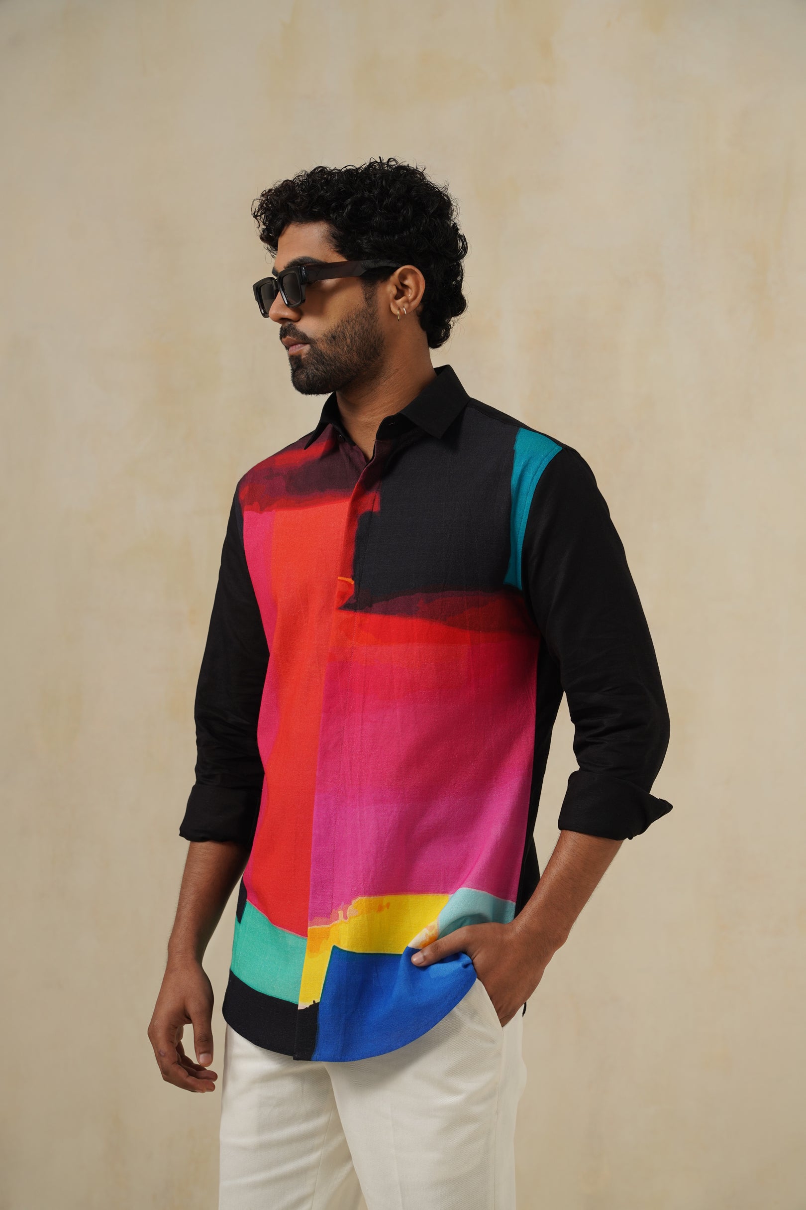 Noir Strokes | Men's Printed Cotton-Linen Shirt