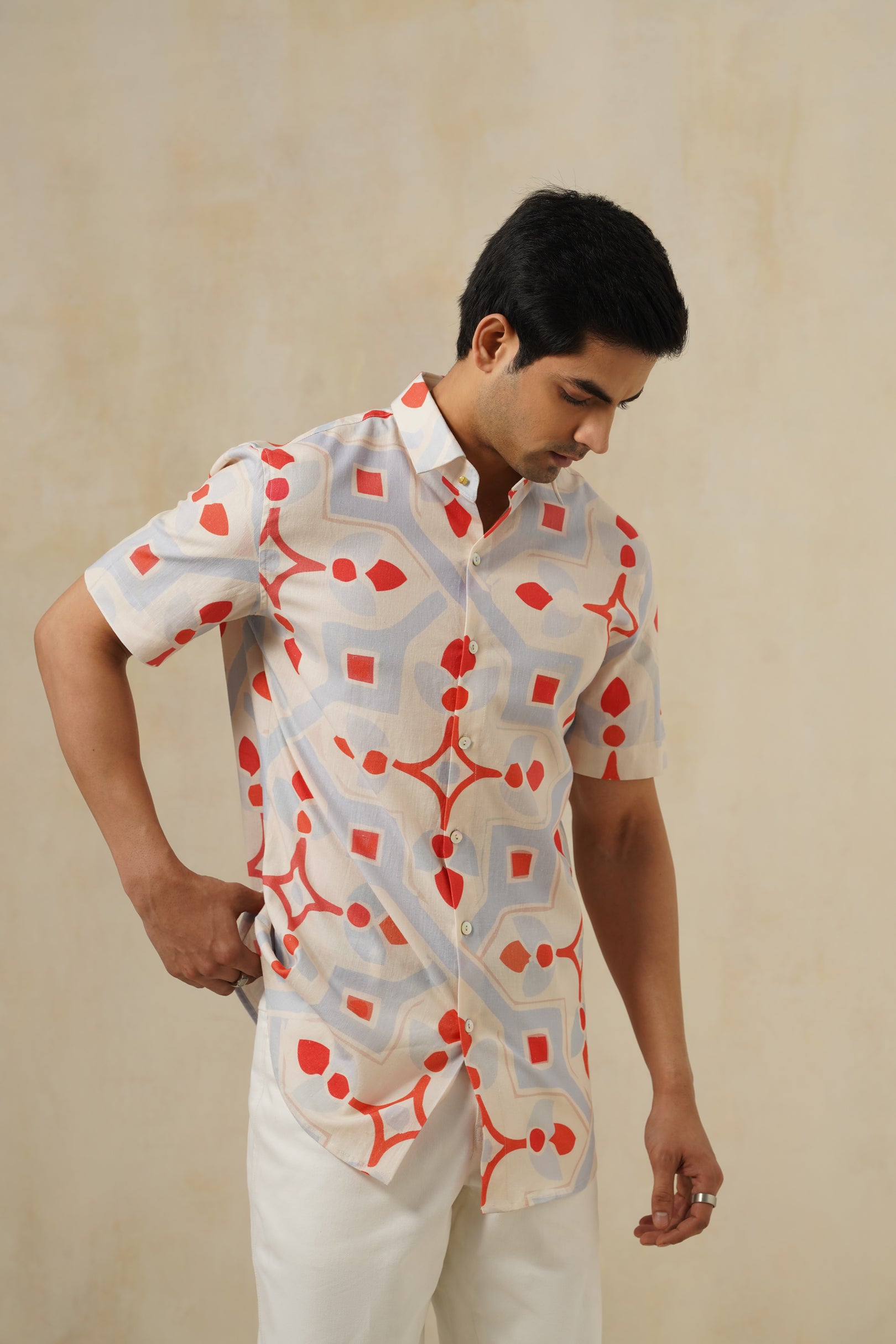 Crimson-Mosaic | Men's Printed Cotton-Linen Shirt