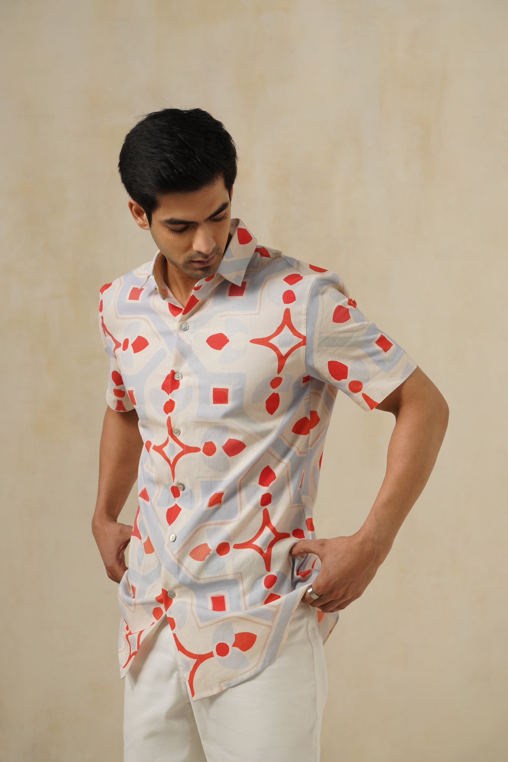 Crimson-Mosaic | Men's Printed Cotton-Linen Shirt