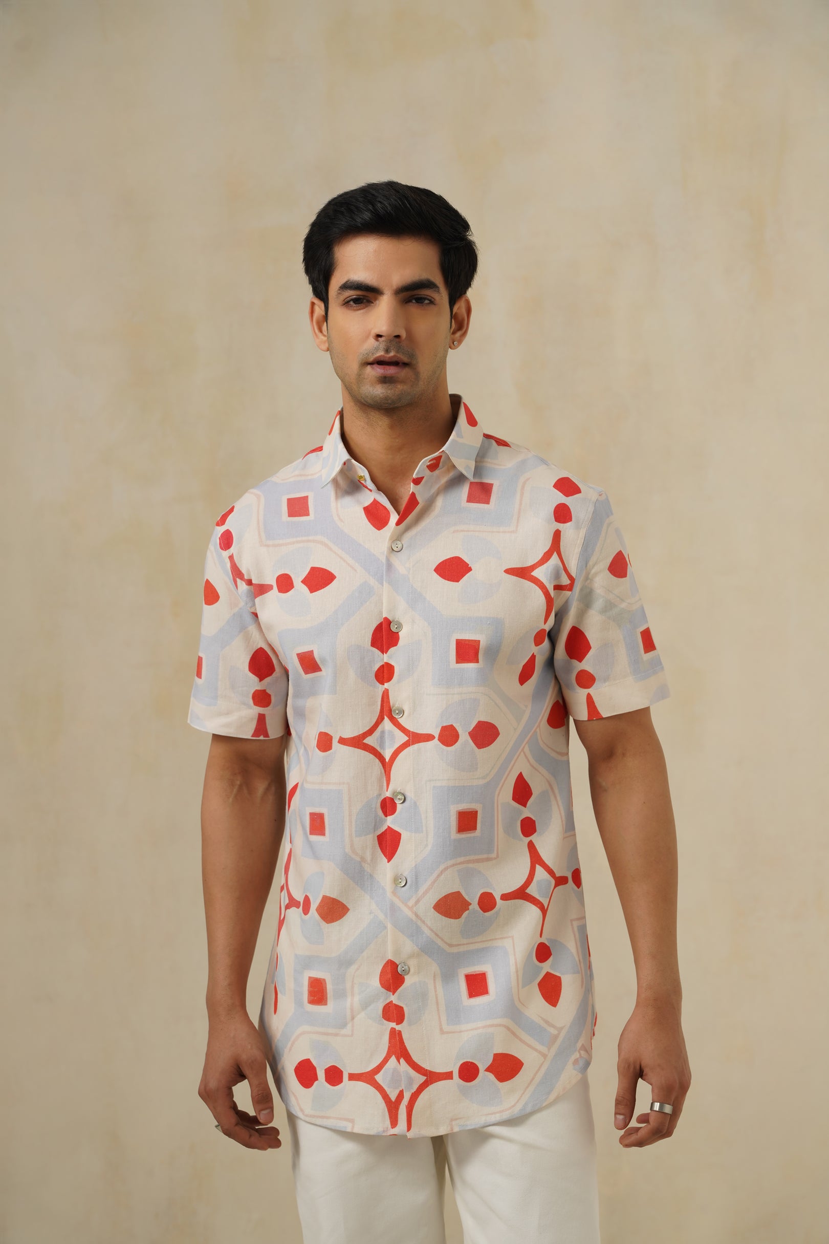 Crimson-Mosaic | Men's Printed Cotton-Linen Shirt