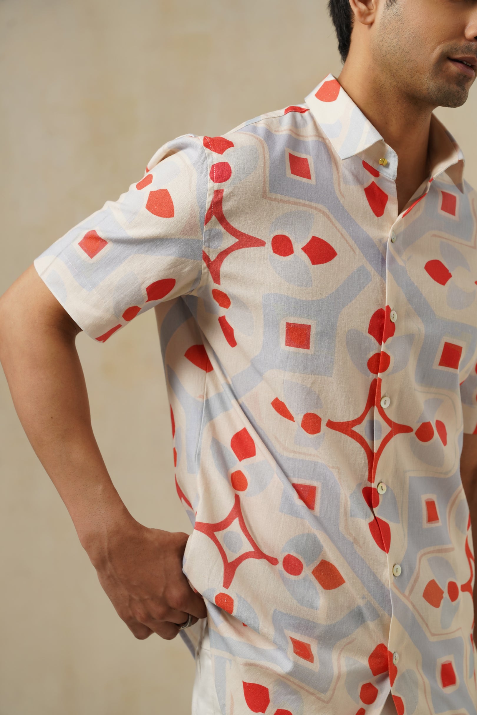 Crimson-Mosaic | Men's Printed Cotton-Linen Shirt