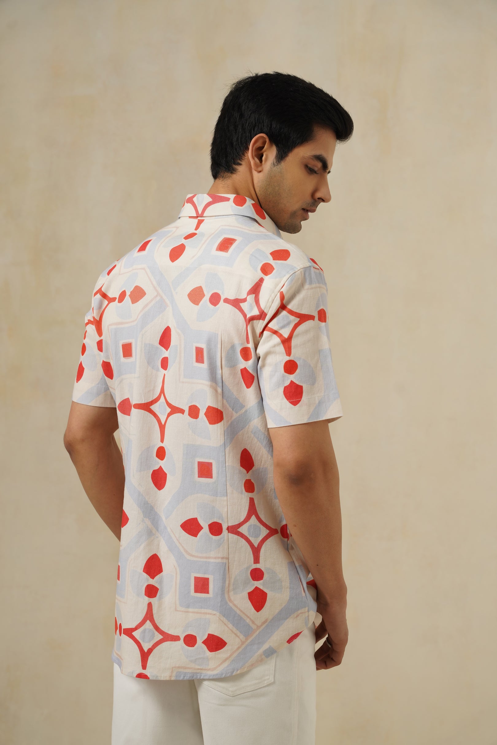 Crimson-Mosaic | Men's Printed Cotton-Linen Shirt