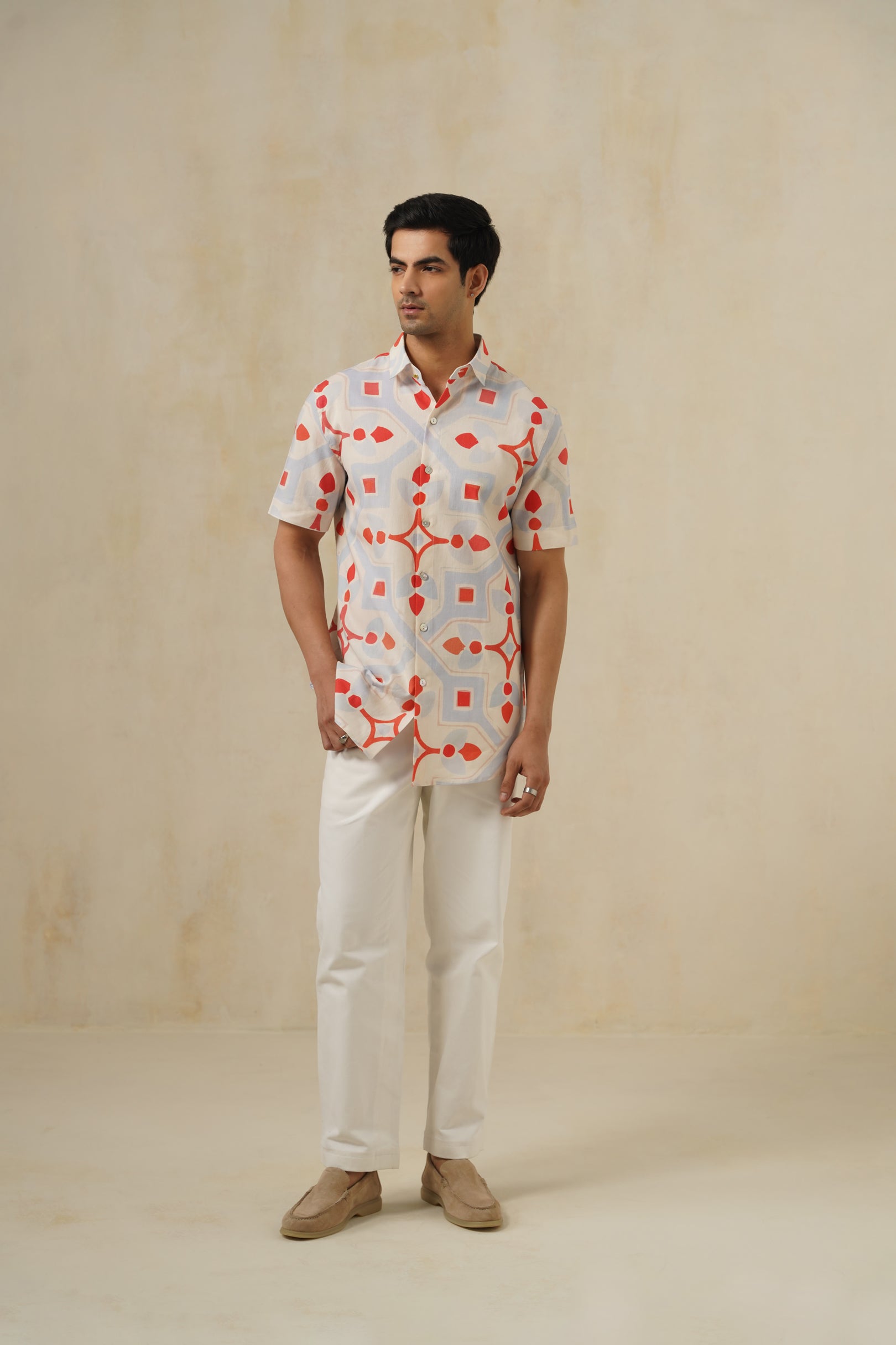Crimson-Mosaic | Men's Printed Cotton-Linen Shirt