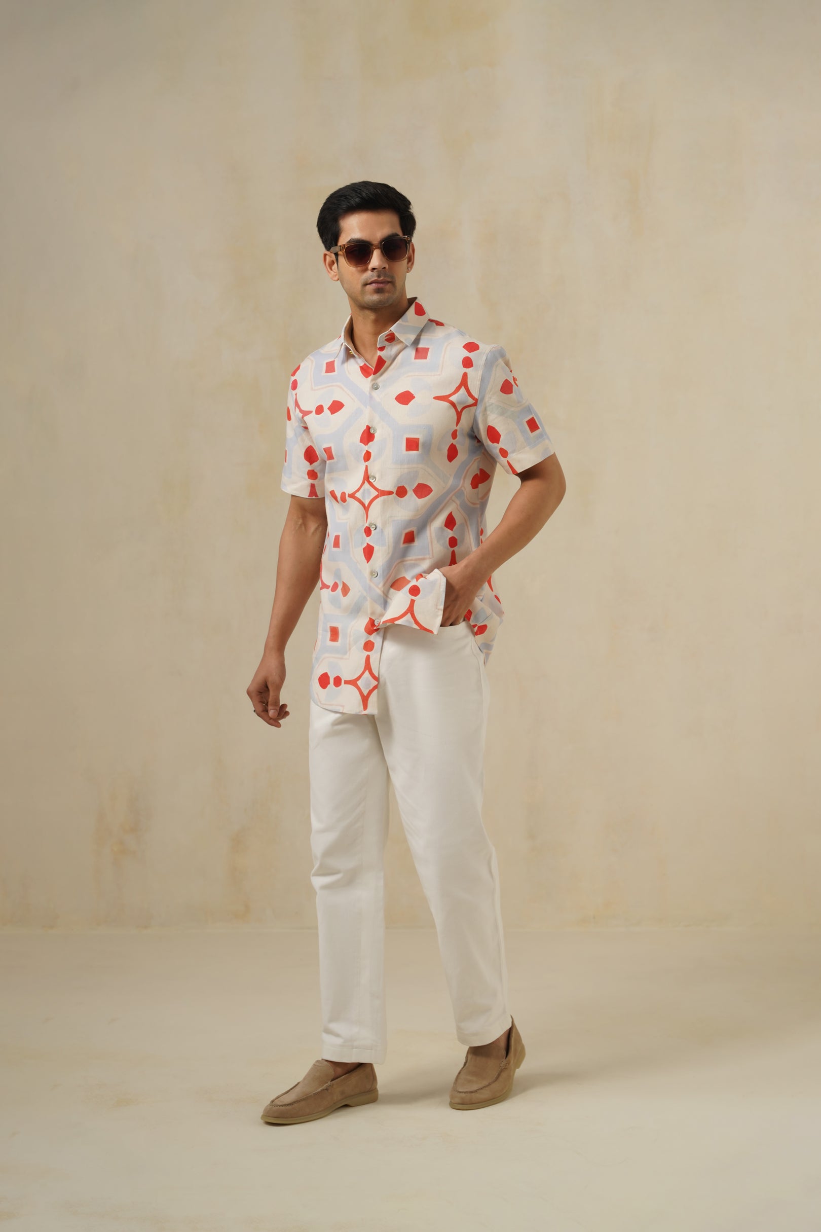 Crimson-Mosaic | Men's Printed Cotton-Linen Shirt
