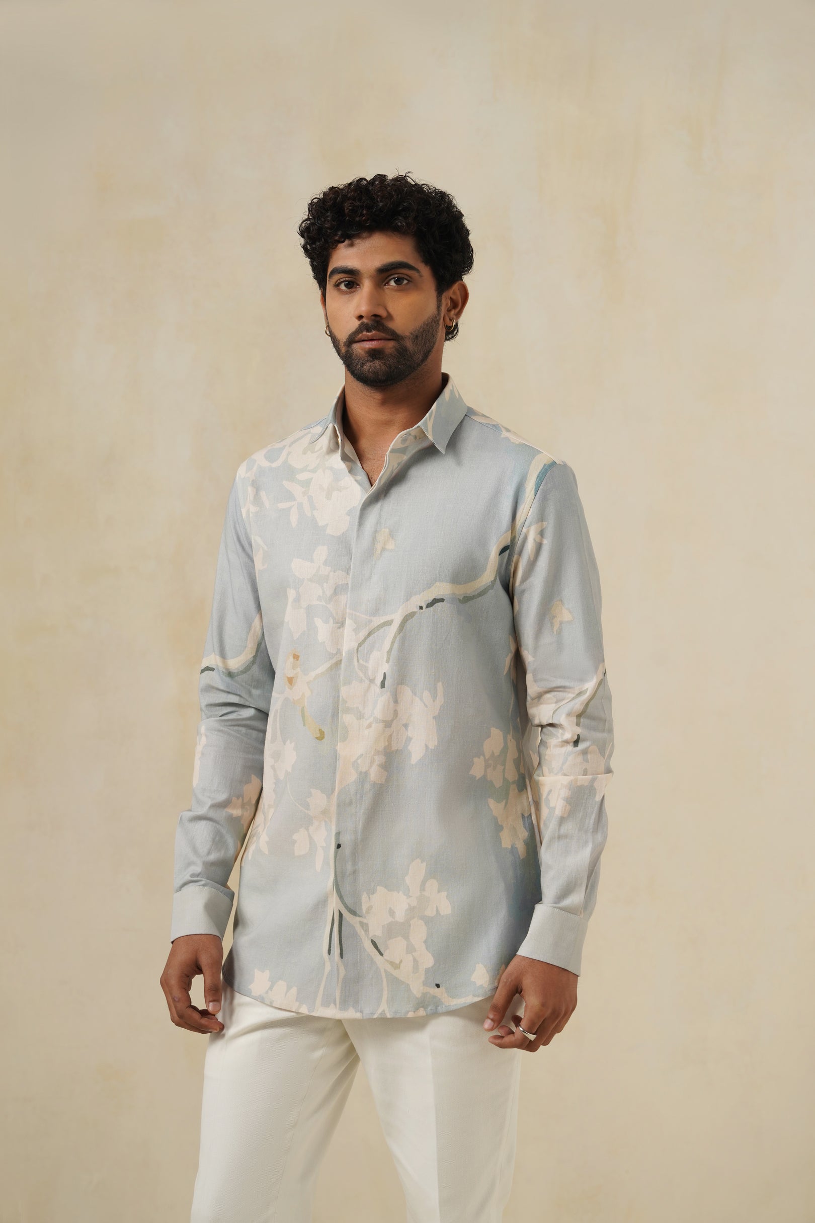 Sky Bloom | Men's Printed Cotton-Linen Shirt
