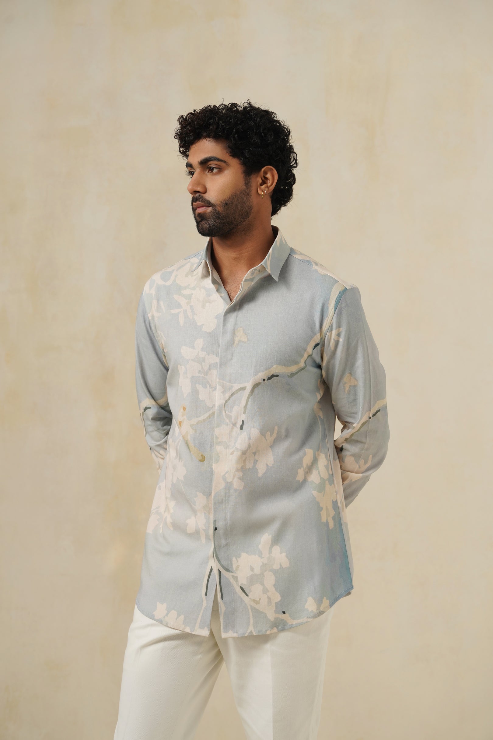 Sky Bloom | Men's Printed Cotton-Linen Shirt