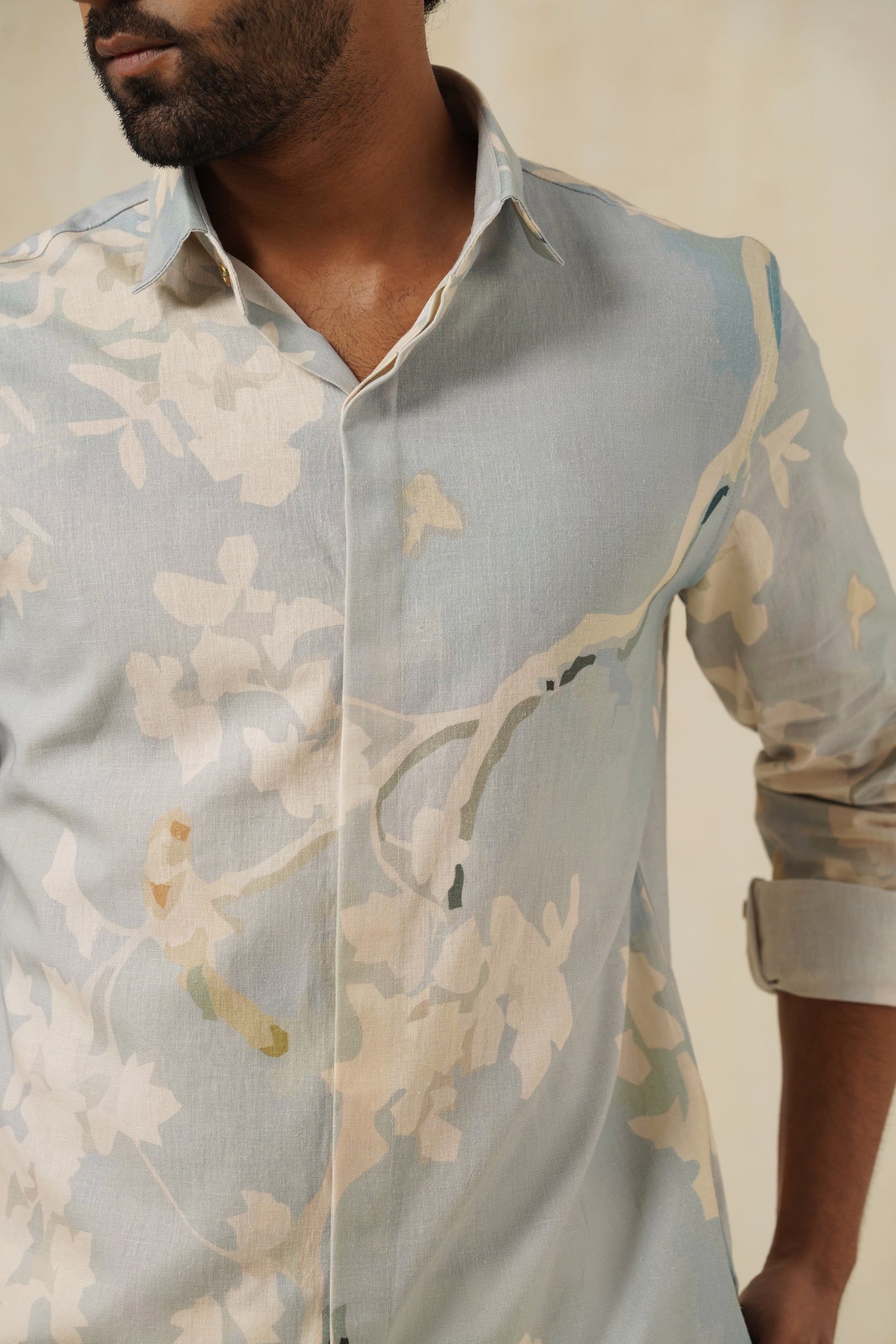 Sky Bloom | Men's Printed Cotton-Linen Shirt