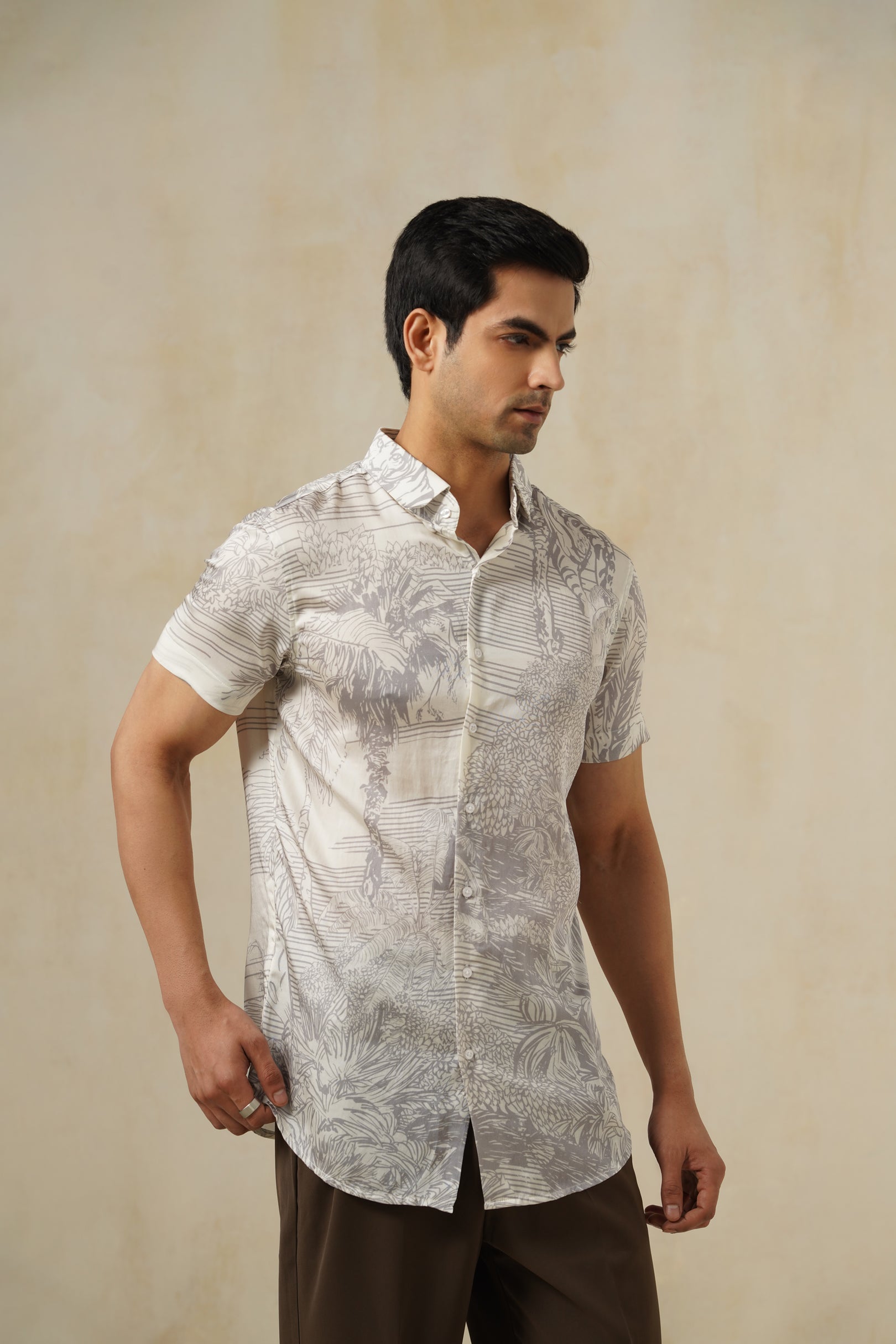 Terra Grey | Men's Printed Cotton-Linen Shirt