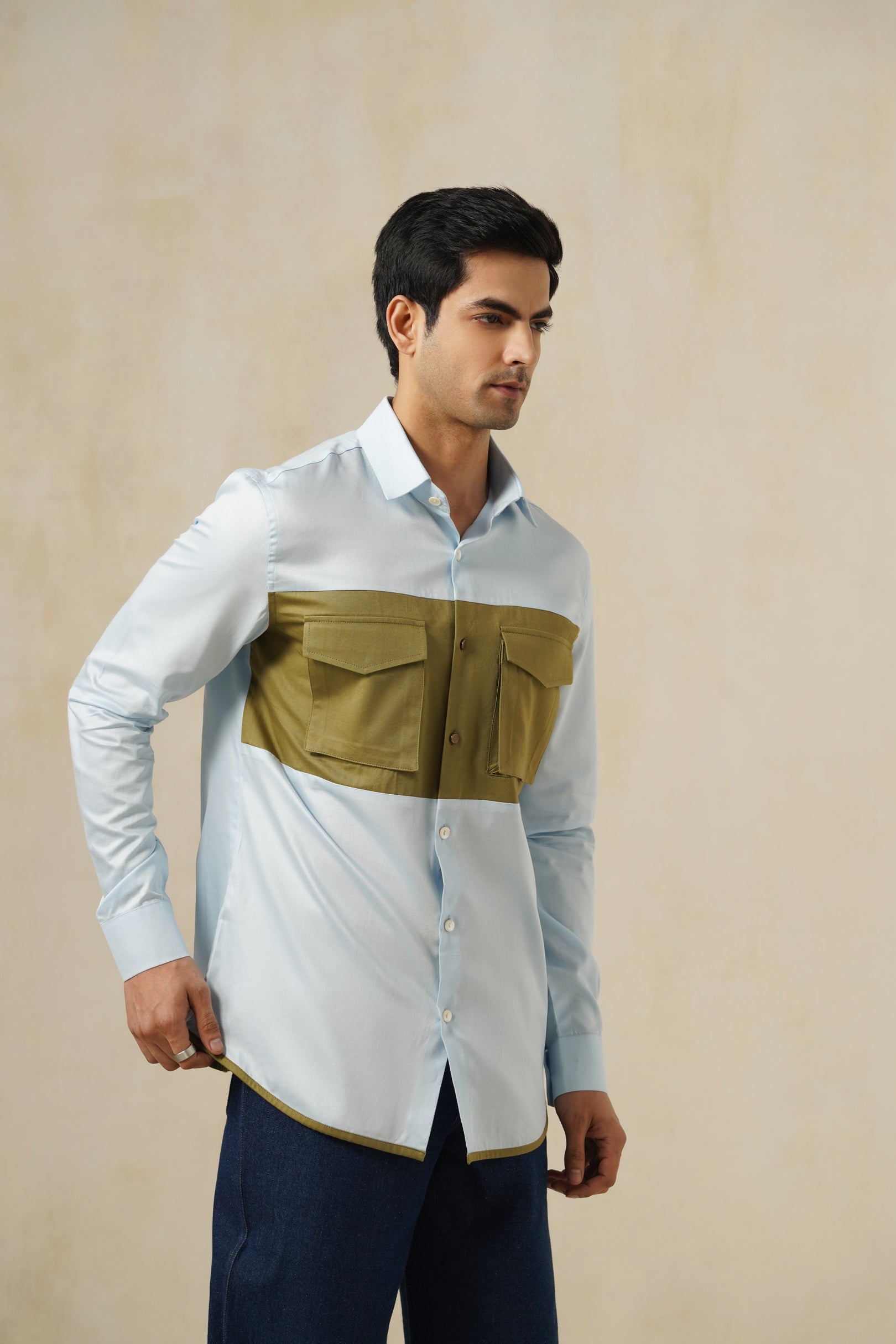 Blue-Olive Drip | Men's White Cotton Shirt