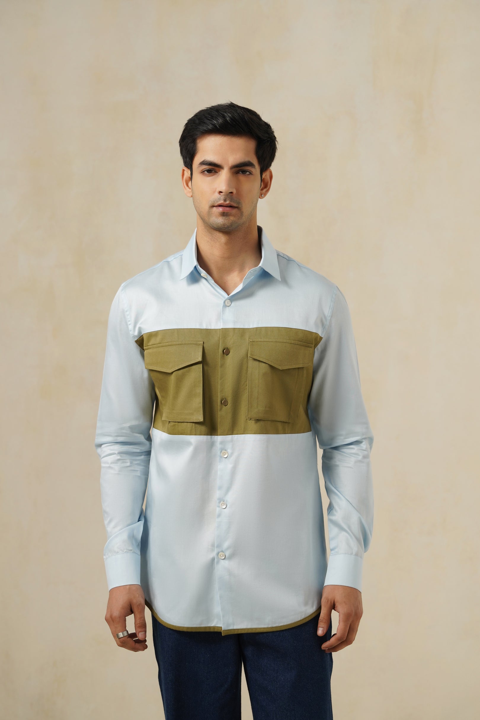 Blue-Olive Drip | Men's White Cotton Shirt