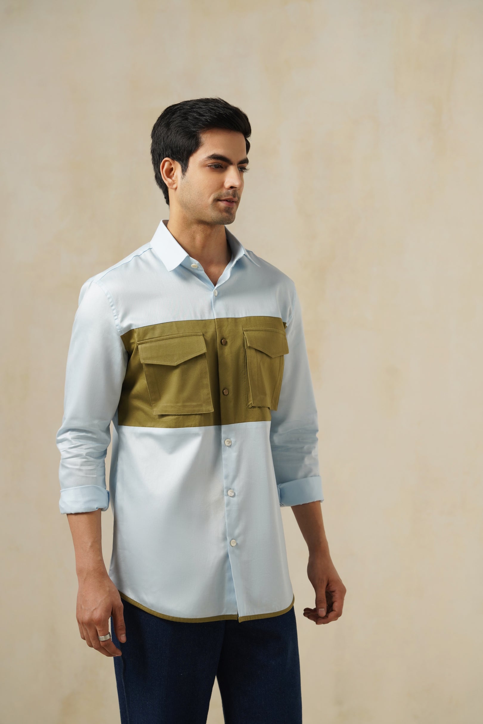 Blue-Olive Drip | Men's White Cotton Shirt