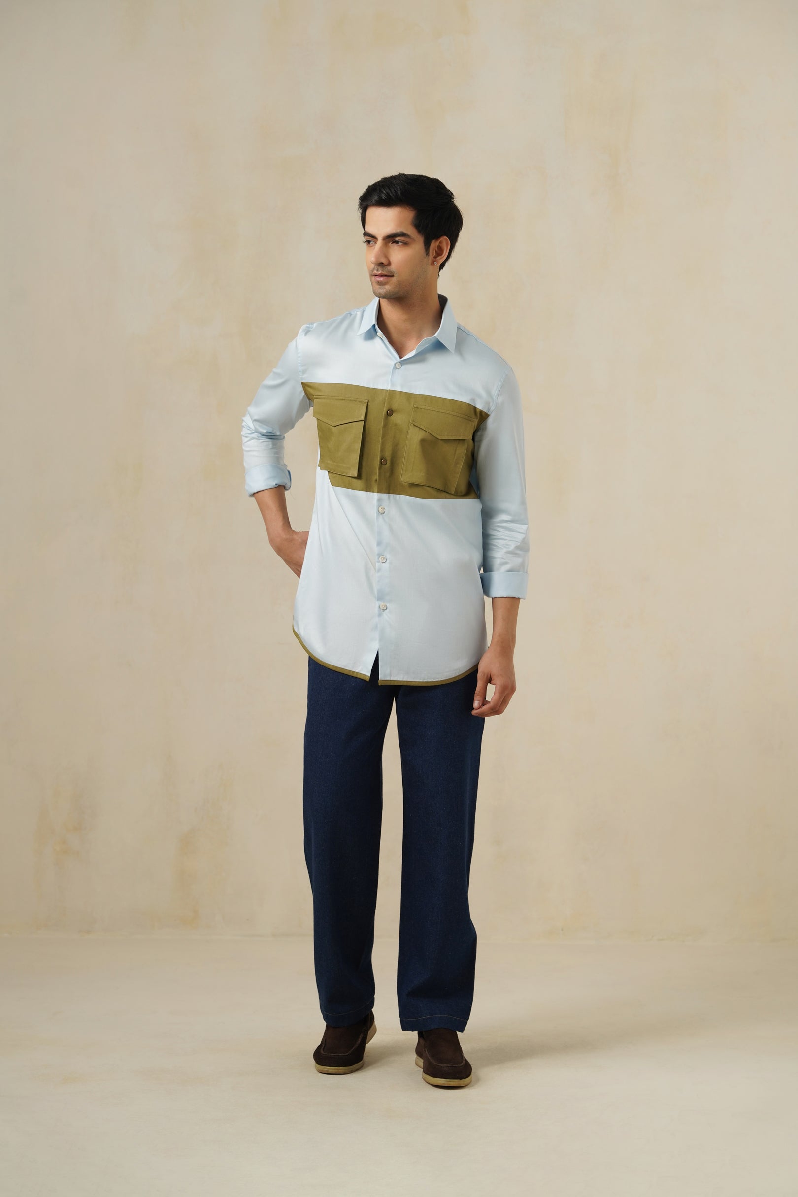 Blue-Olive Drip | Men's White Cotton Shirt