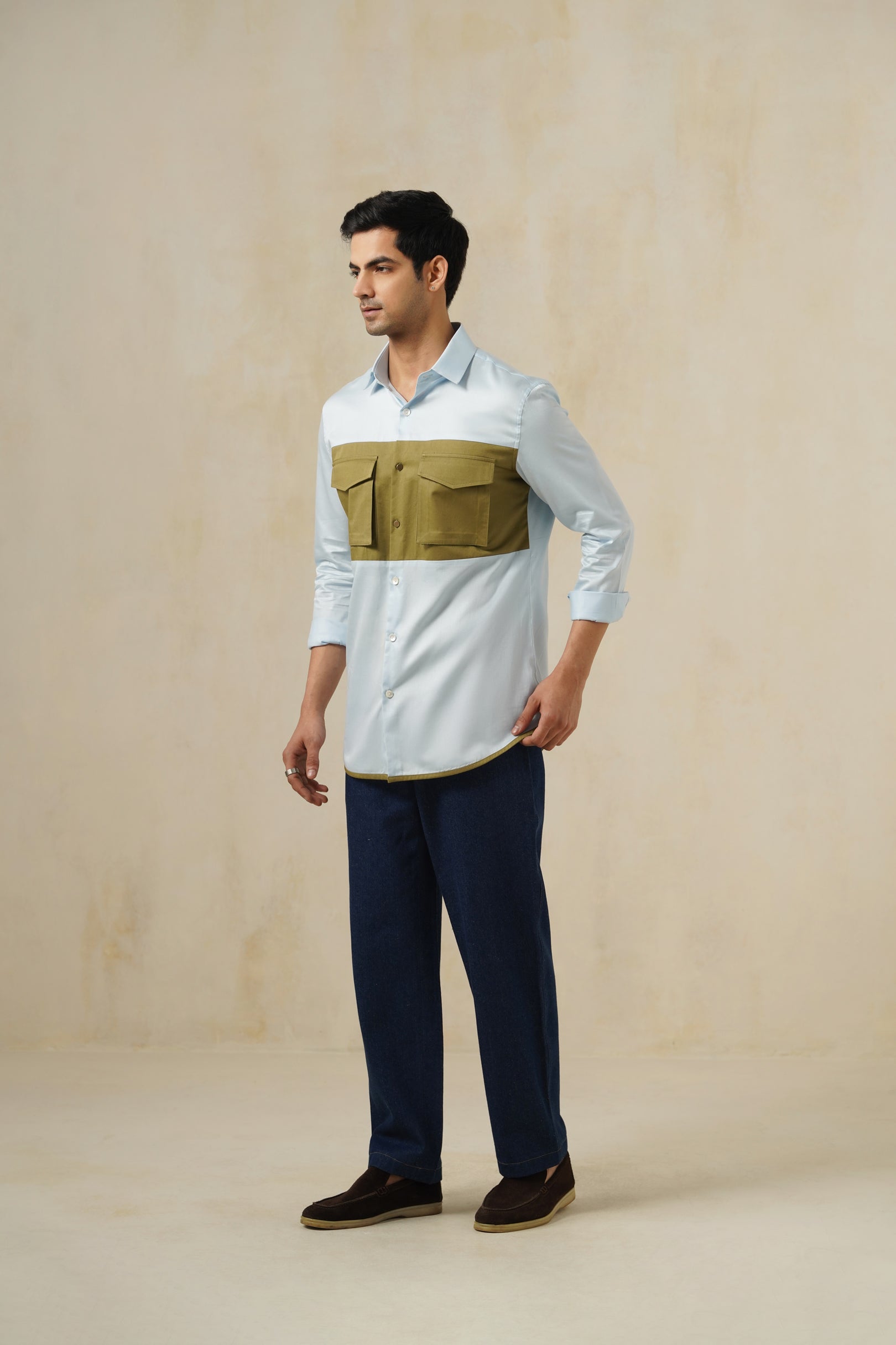Blue-Olive Drip | Men's White Cotton Shirt