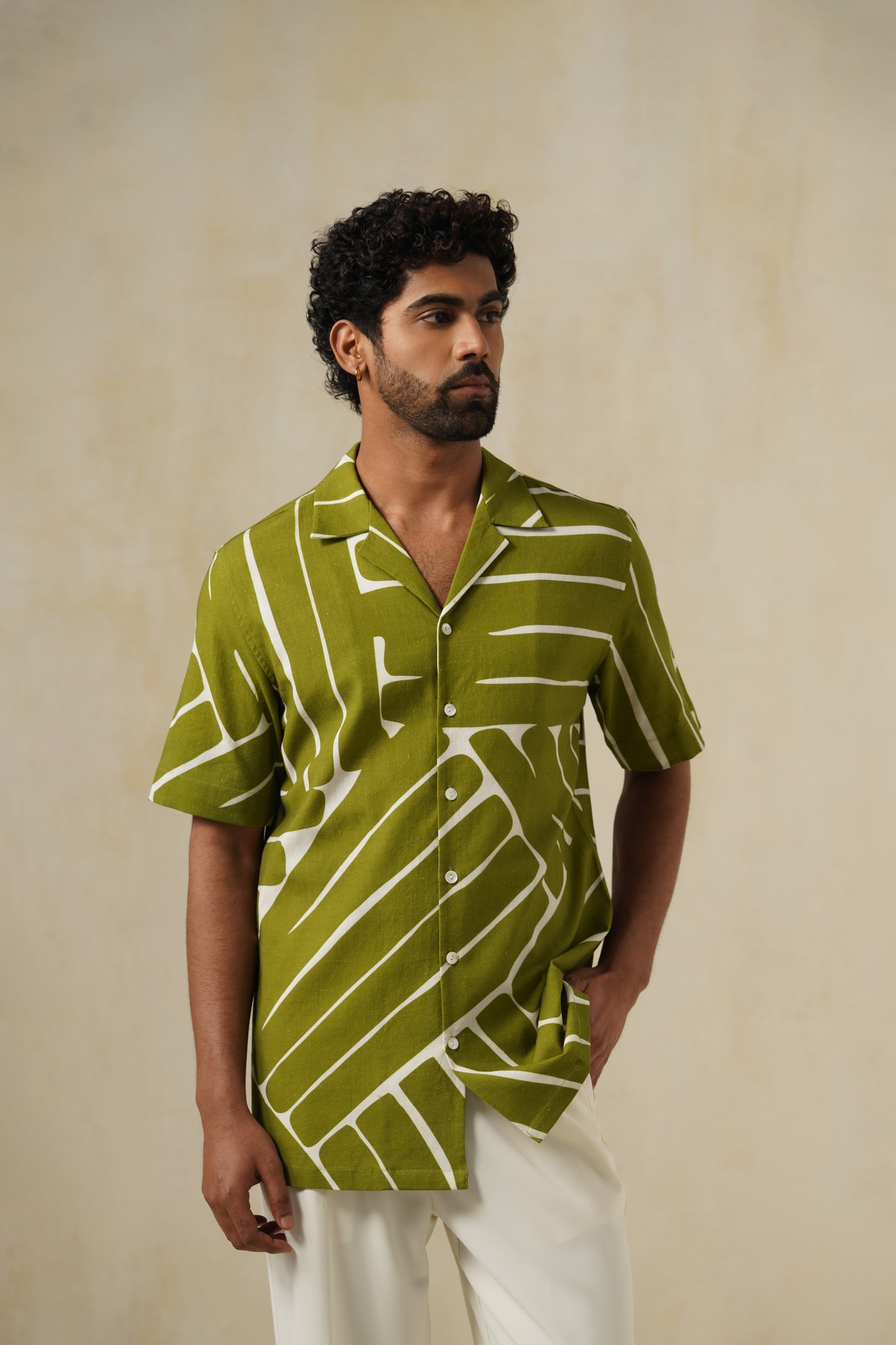 Olive Drift | Men's Printed Cotton-Linen Shirt