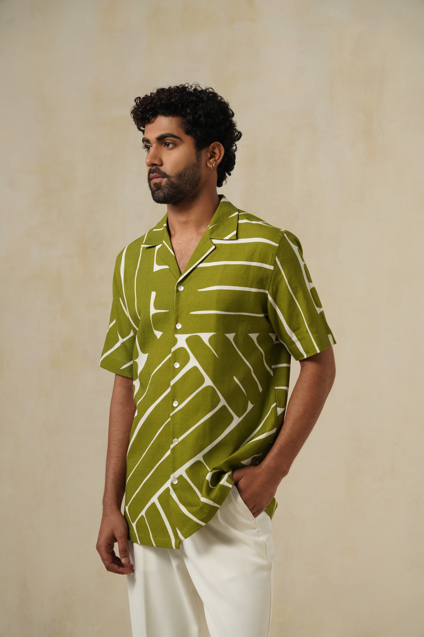 Olive Drift | Men's Printed Cotton-Linen Shirt