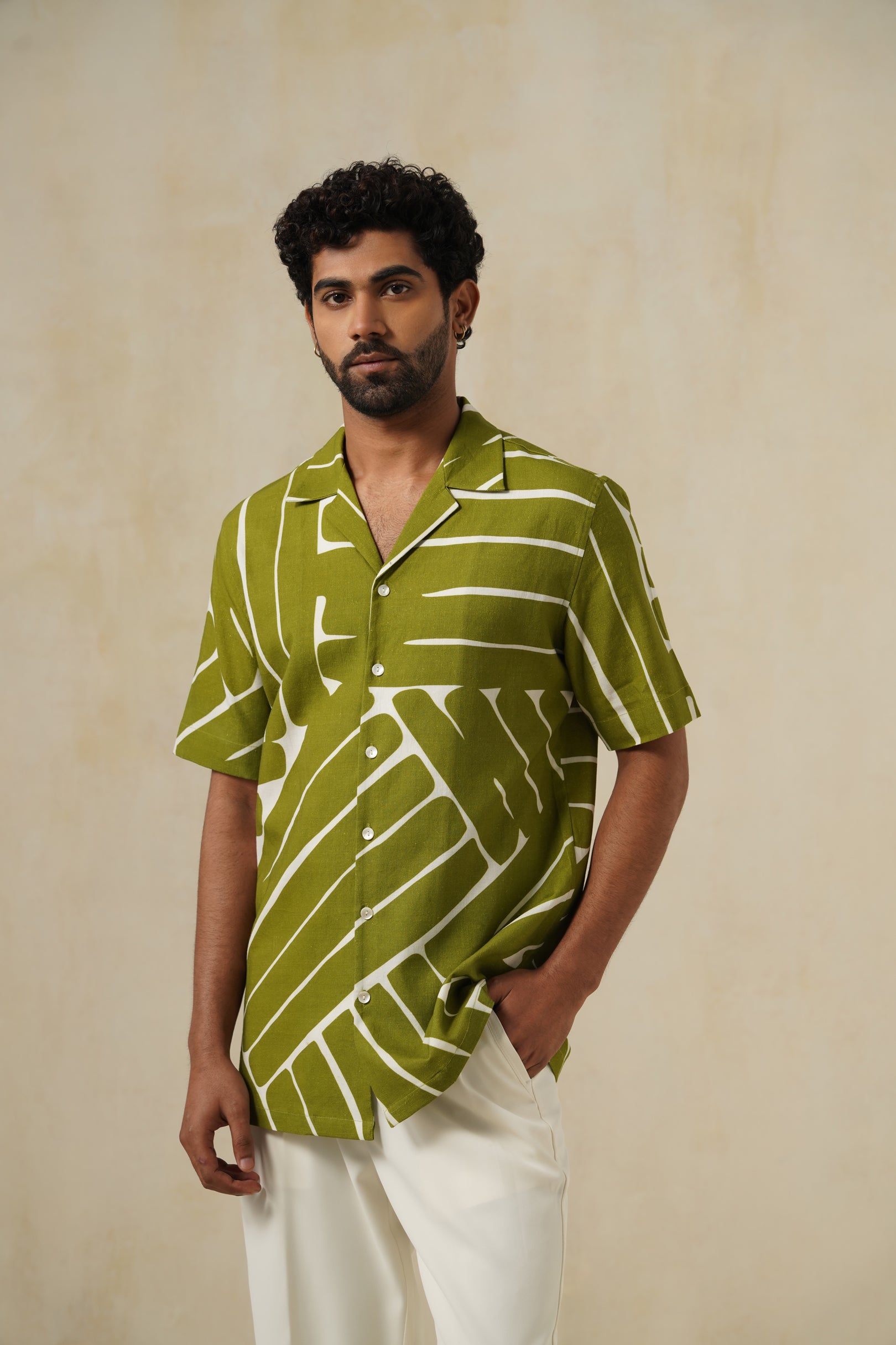 Olive Drift | Men's Printed Cotton-Linen Shirt