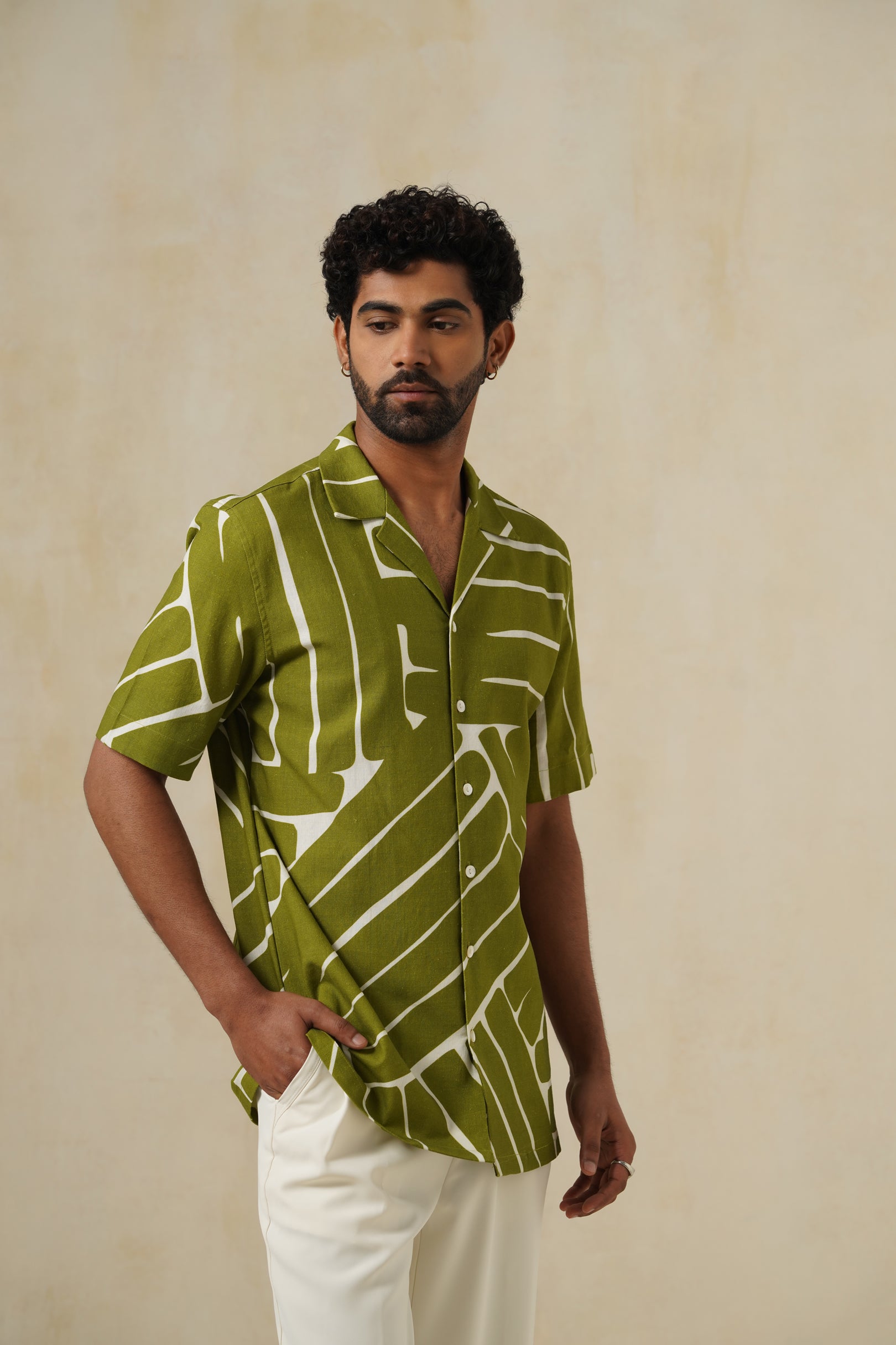 Olive Drift | Men's Printed Cotton-Linen Shirt