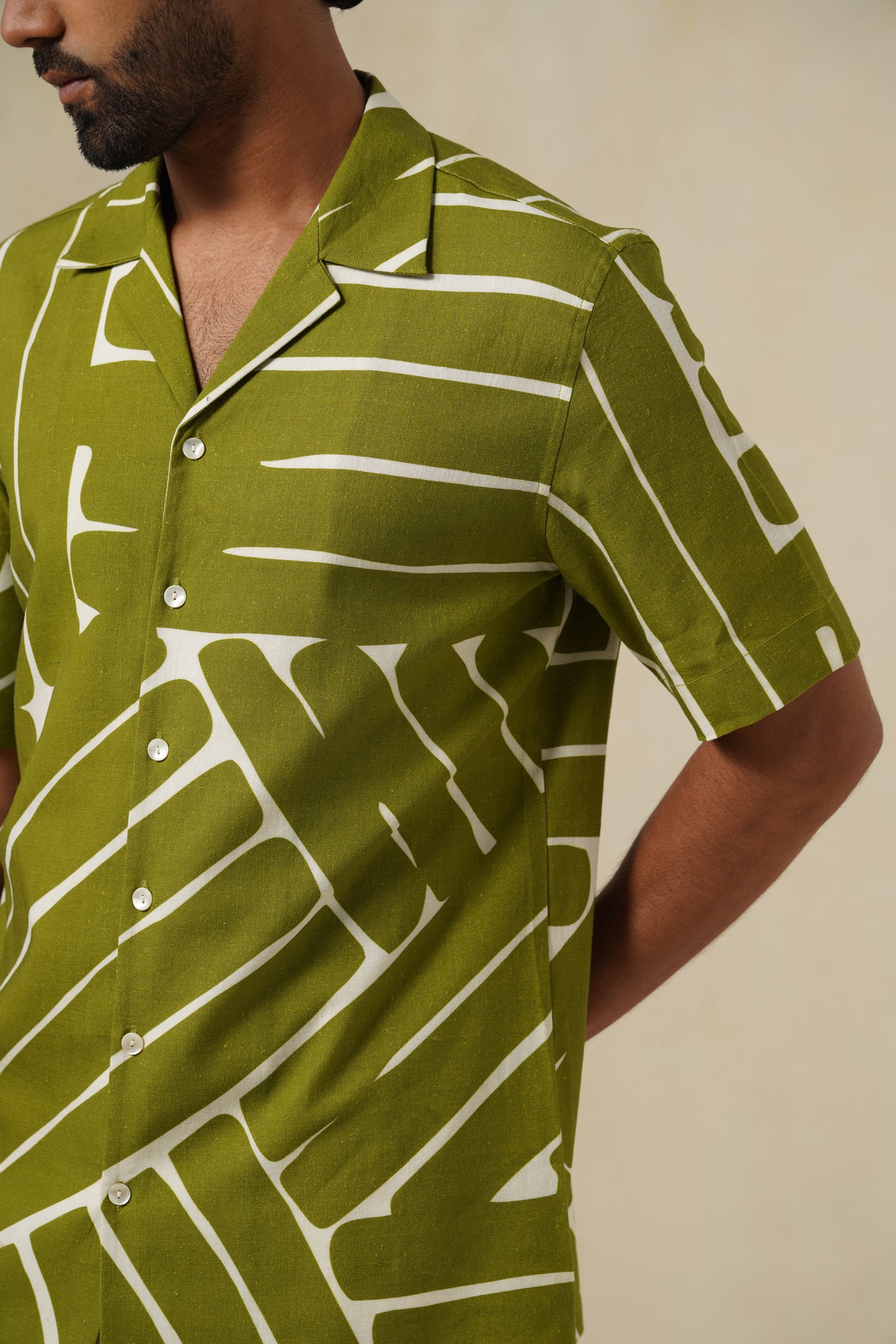 Olive Drift | Men's Printed Cotton-Linen Shirt