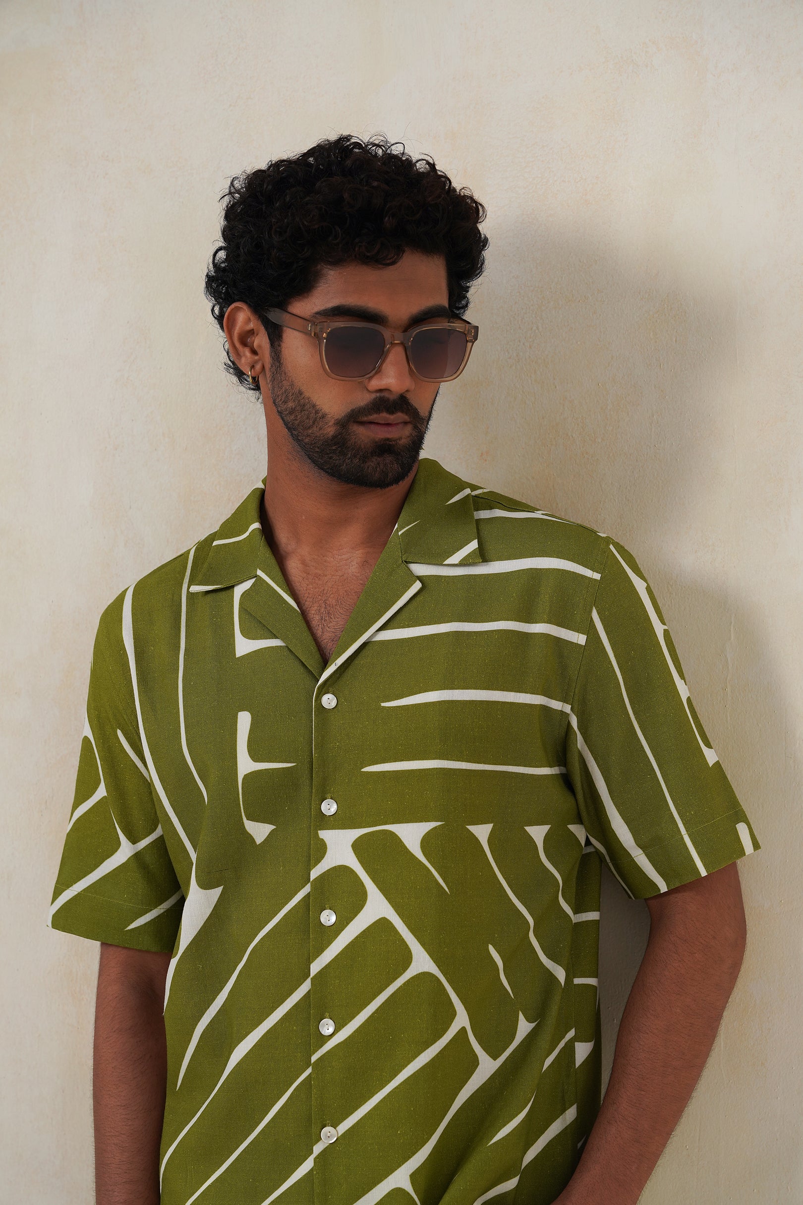 Olive Drift | Men's Printed Cotton-Linen Shirt
