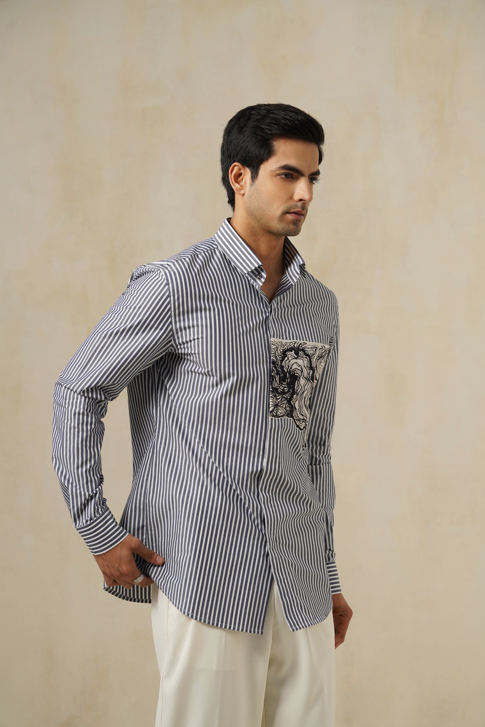 Kanagawa | Men's Pinstripe Emb Cotton Shirt