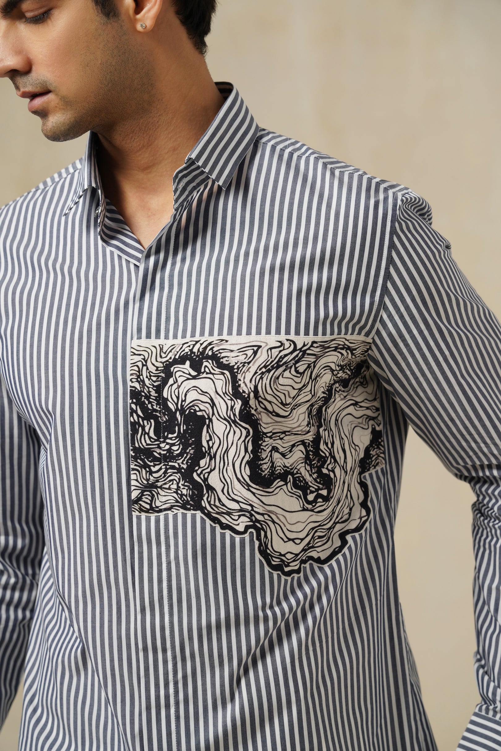 Kanagawa | Men's Pinstripe Emb Cotton Shirt