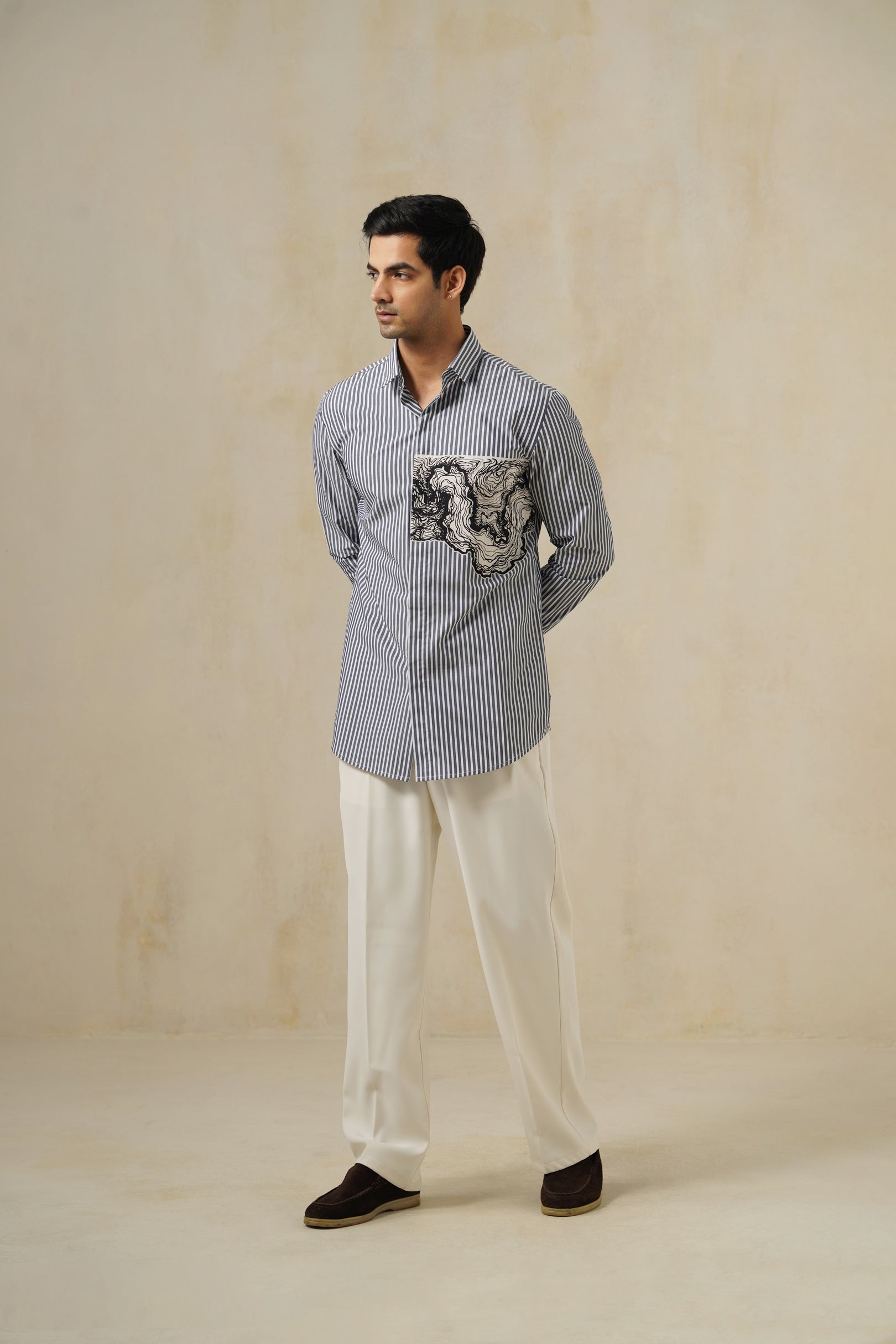 Kanagawa | Men's Pinstripe Emb Cotton Shirt