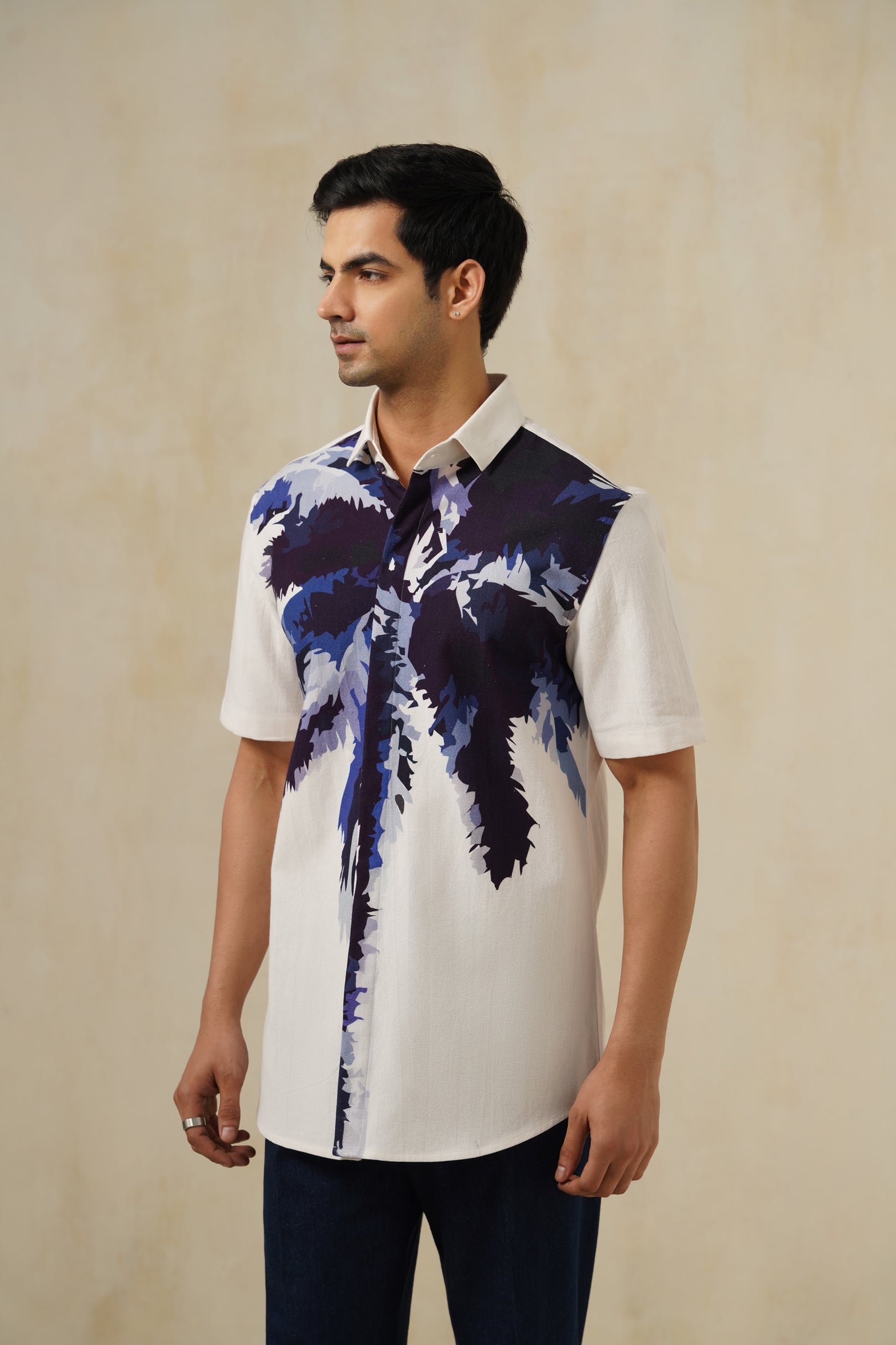 Palm Blue | Men's Printed Cotton-Linen Shirt