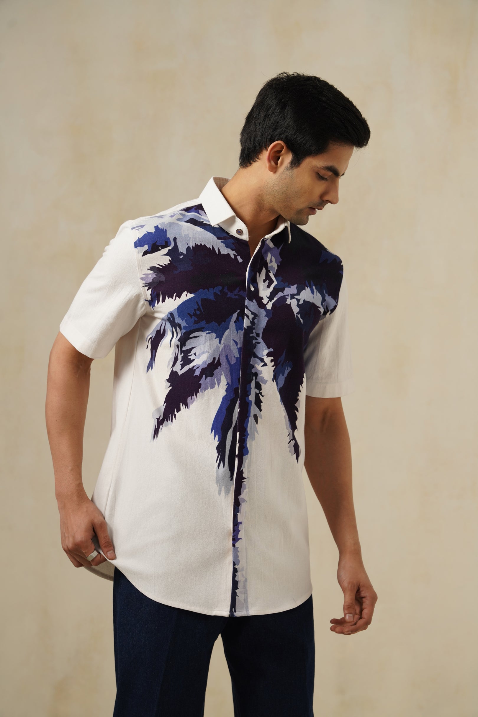 Palm Blue | Men's Printed Cotton-Linen Shirt