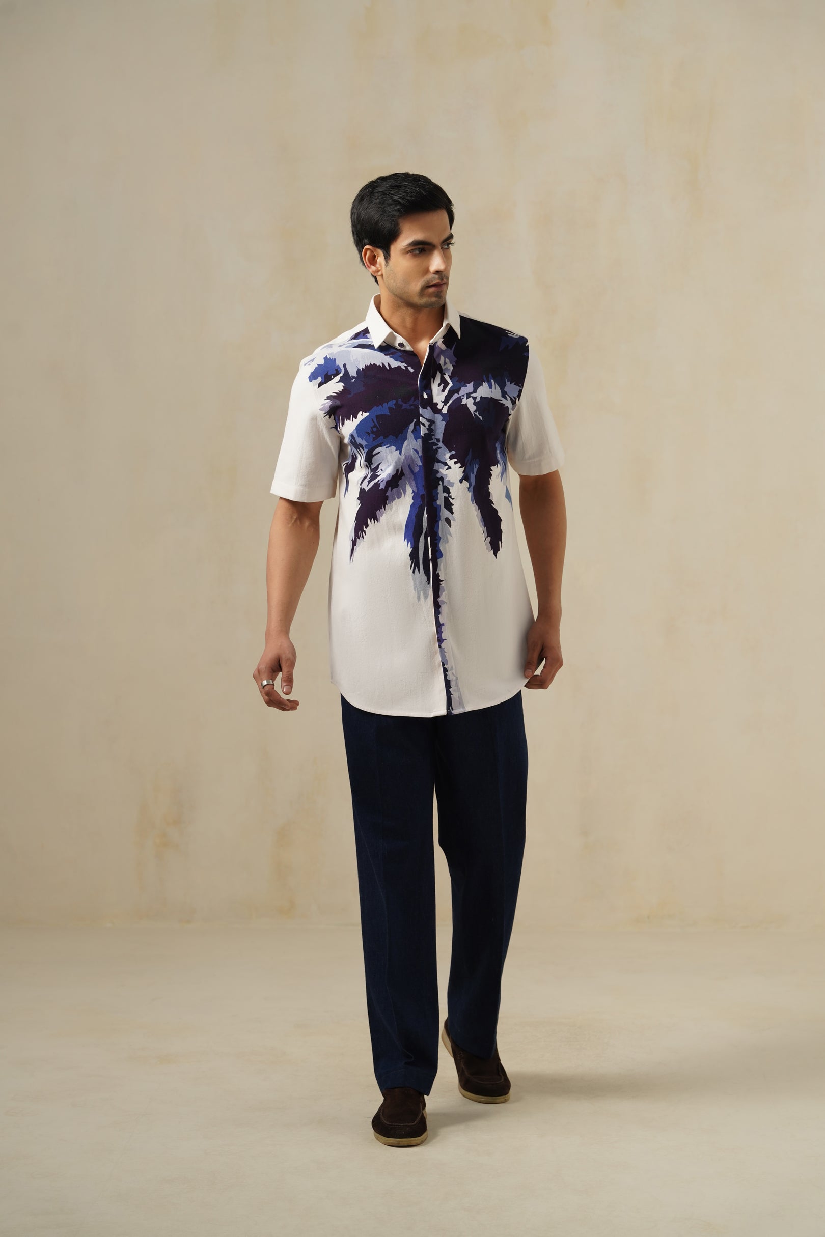 Palm Blue | Men's Printed Cotton-Linen Shirt