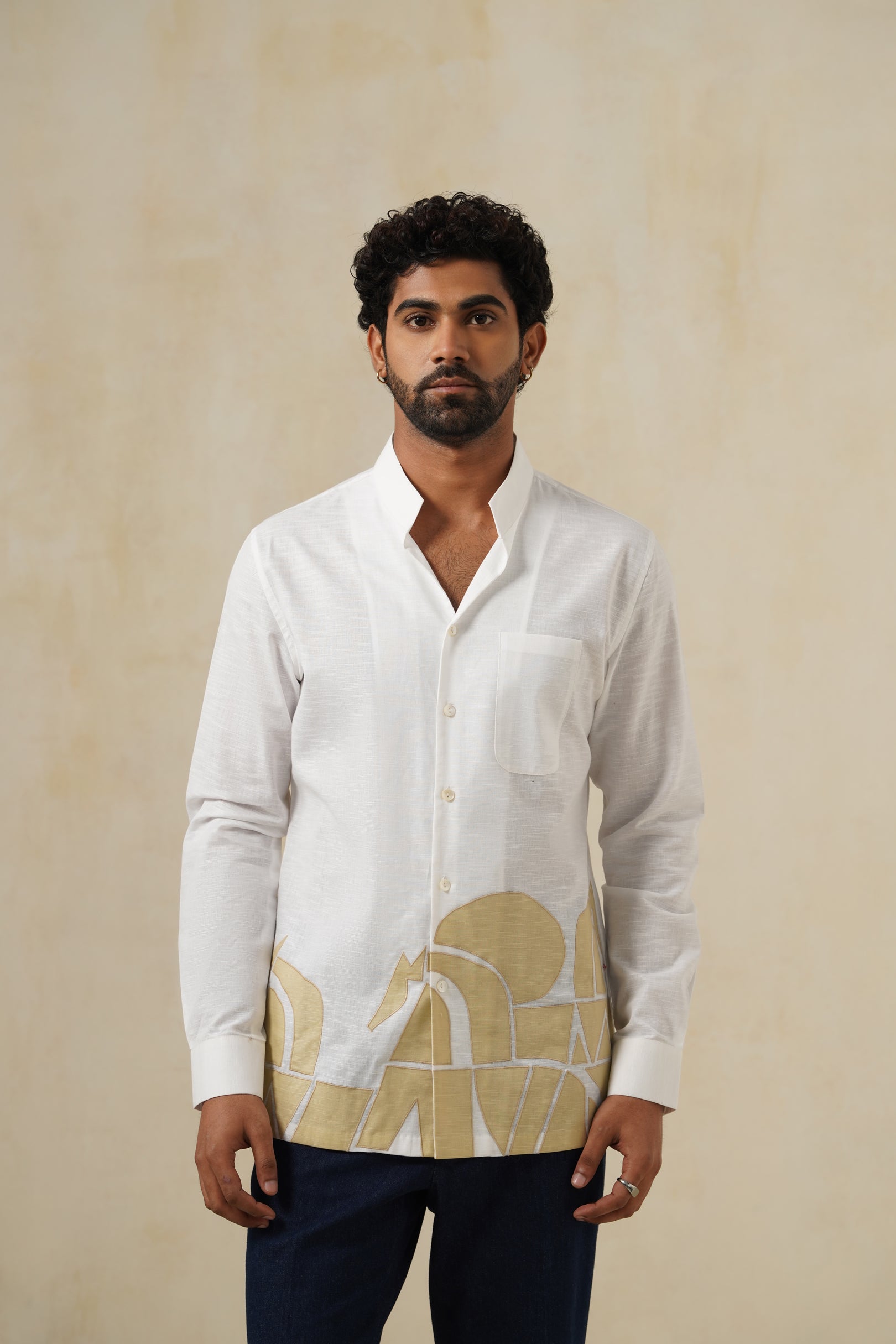 Ivory Canvas | Men's White Abstract Cotton-Linen Shirt