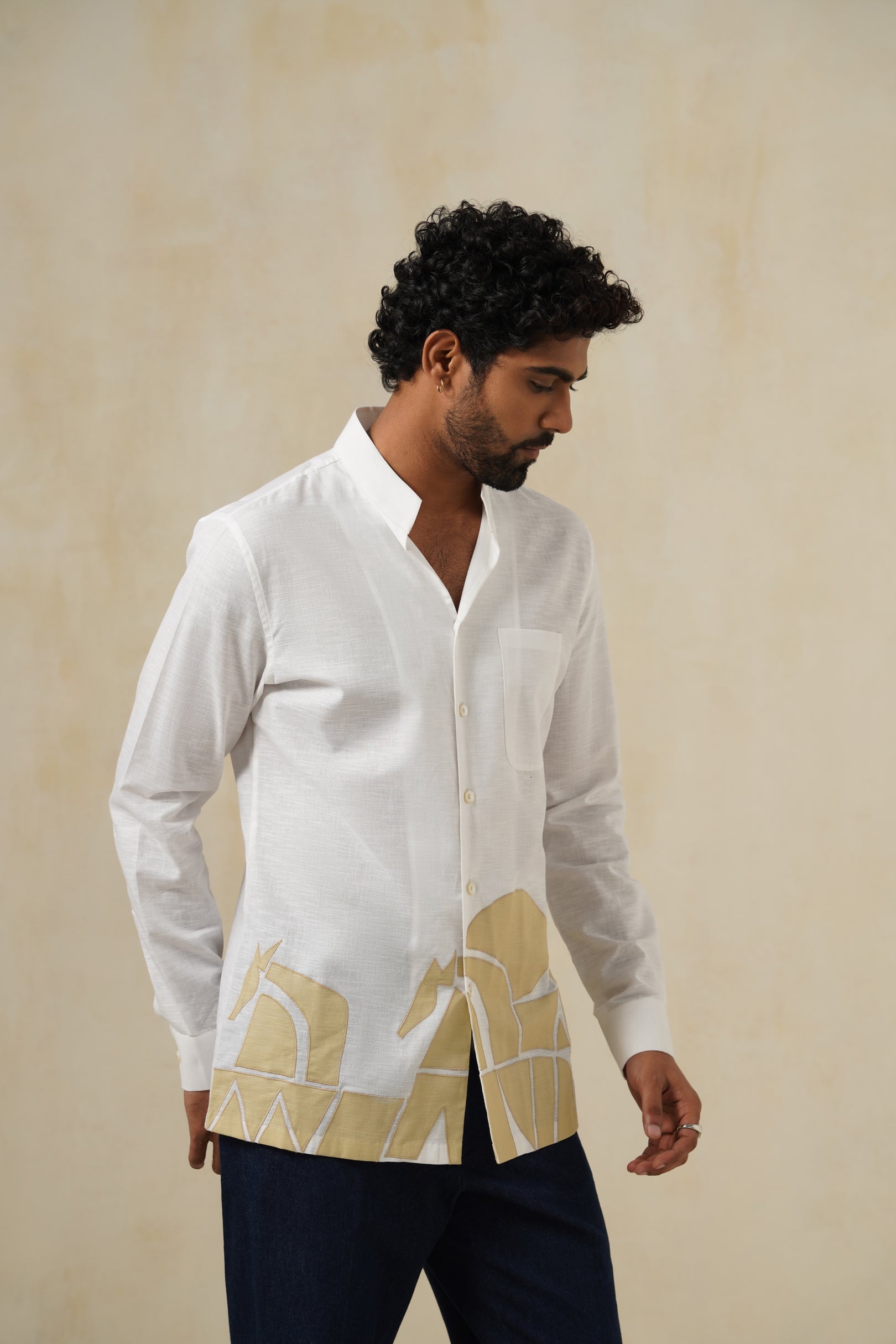 Ivory Canvas | Men's White Abstract Cotton-Linen Shirt