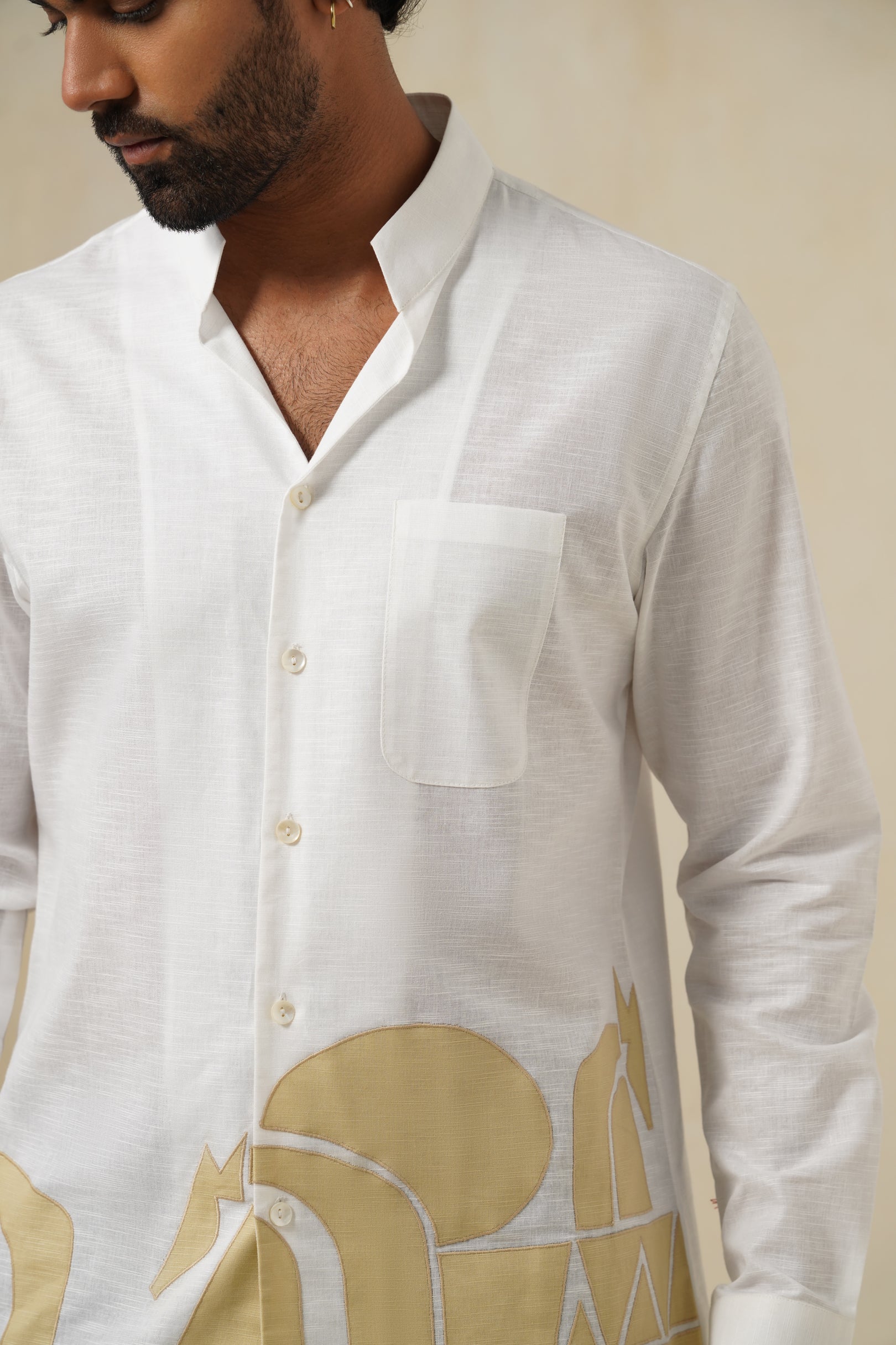 Ivory Canvas | Men's White Abstract Cotton-Linen Shirt