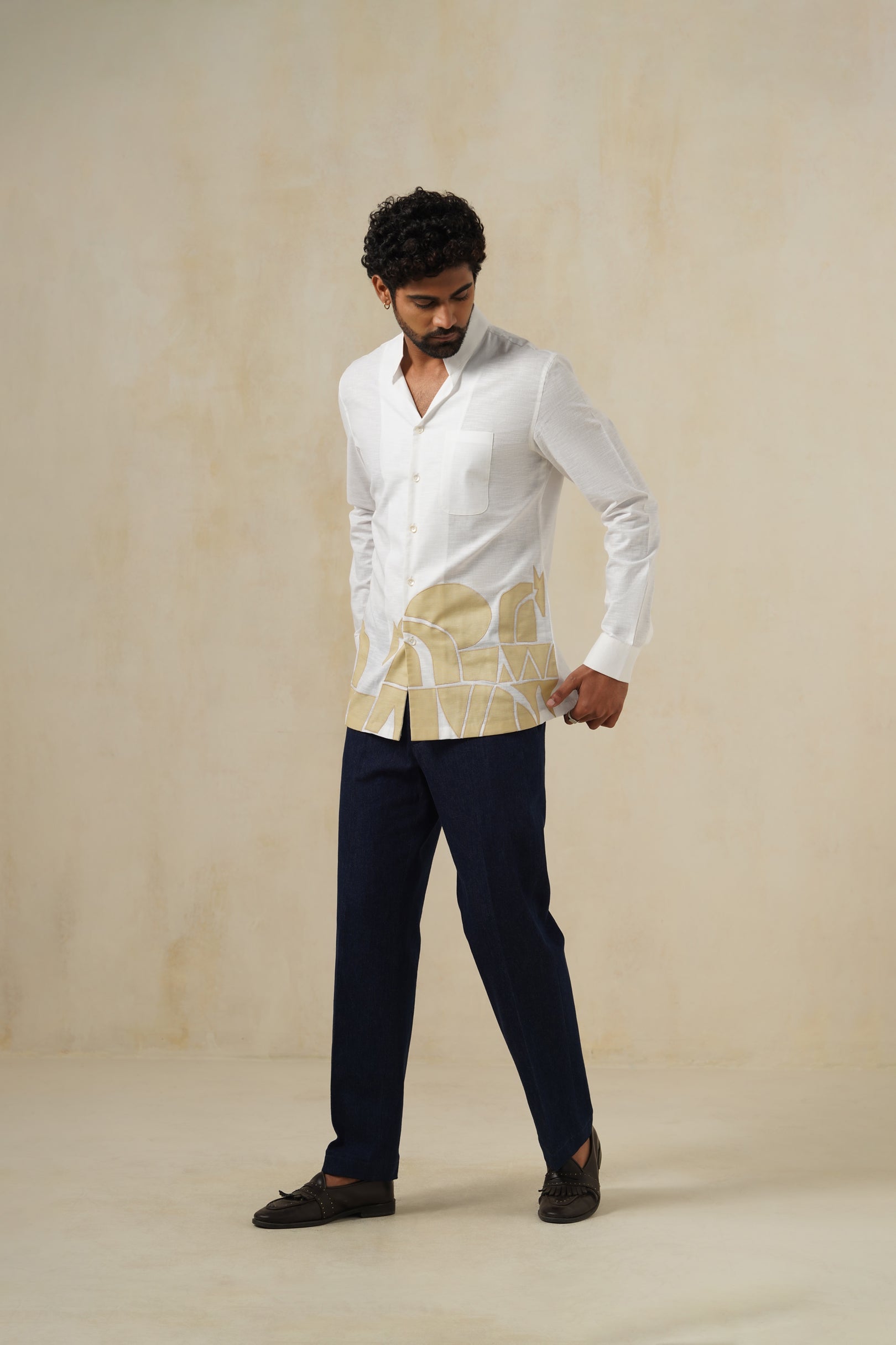 Ivory Canvas | Men's White Abstract Cotton-Linen Shirt