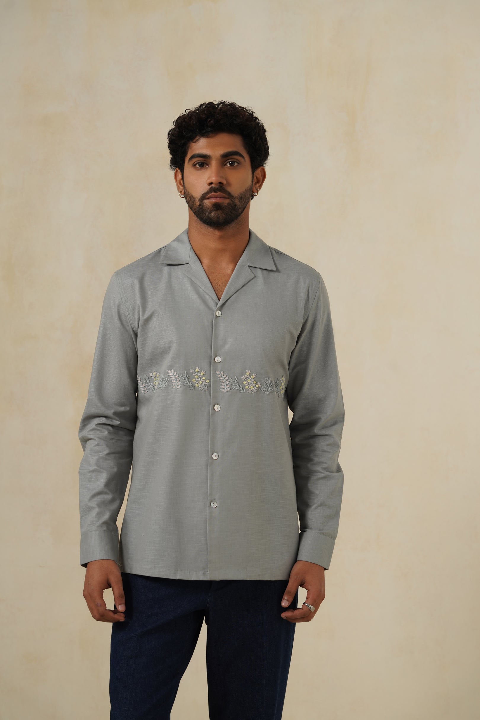 Bloom Grey | Men's Linen Emb Shirt