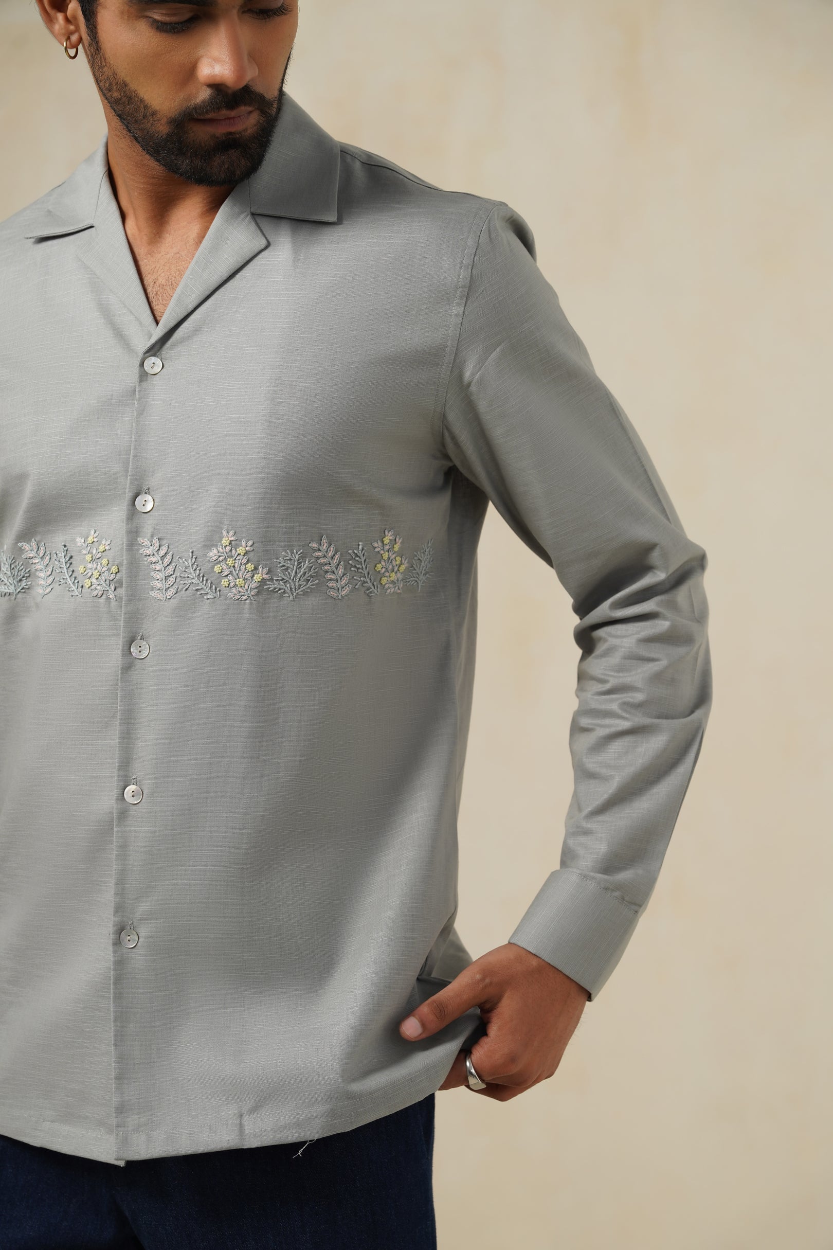 Bloom Grey | Men's Linen Emb Shirt