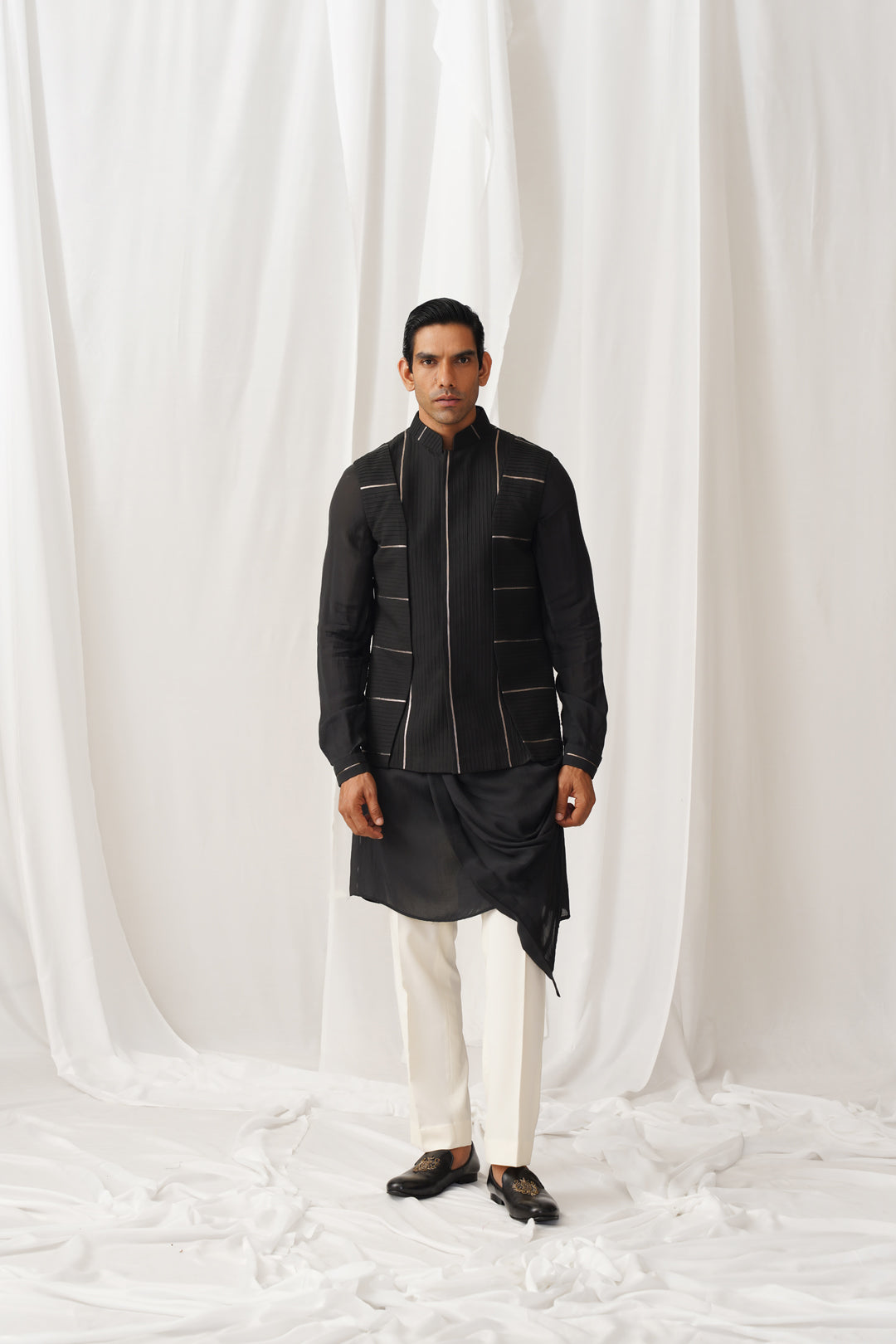 Noir Zari Drape kurta, Bandhgala set
