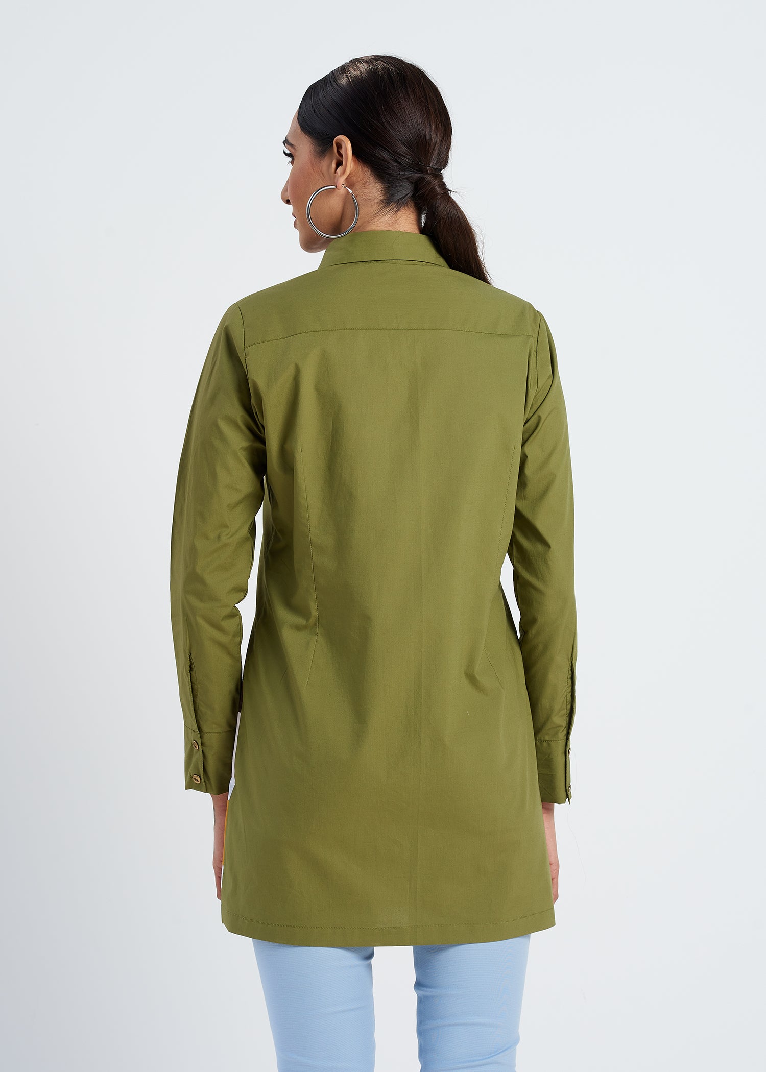 OLIVE COLOR BLOCK LONG SHIRT