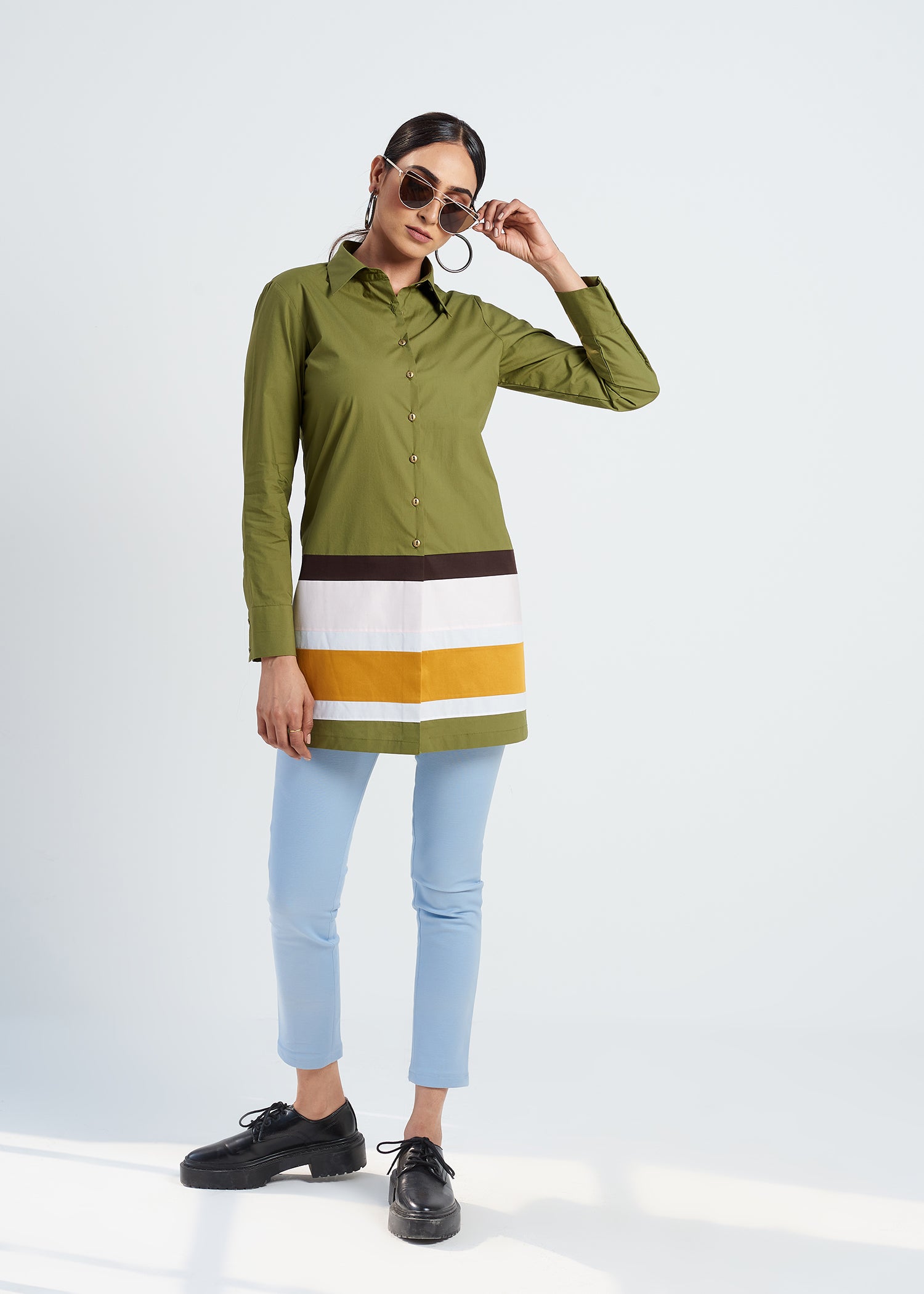 OLIVE COLOR BLOCK LONG SHIRT
