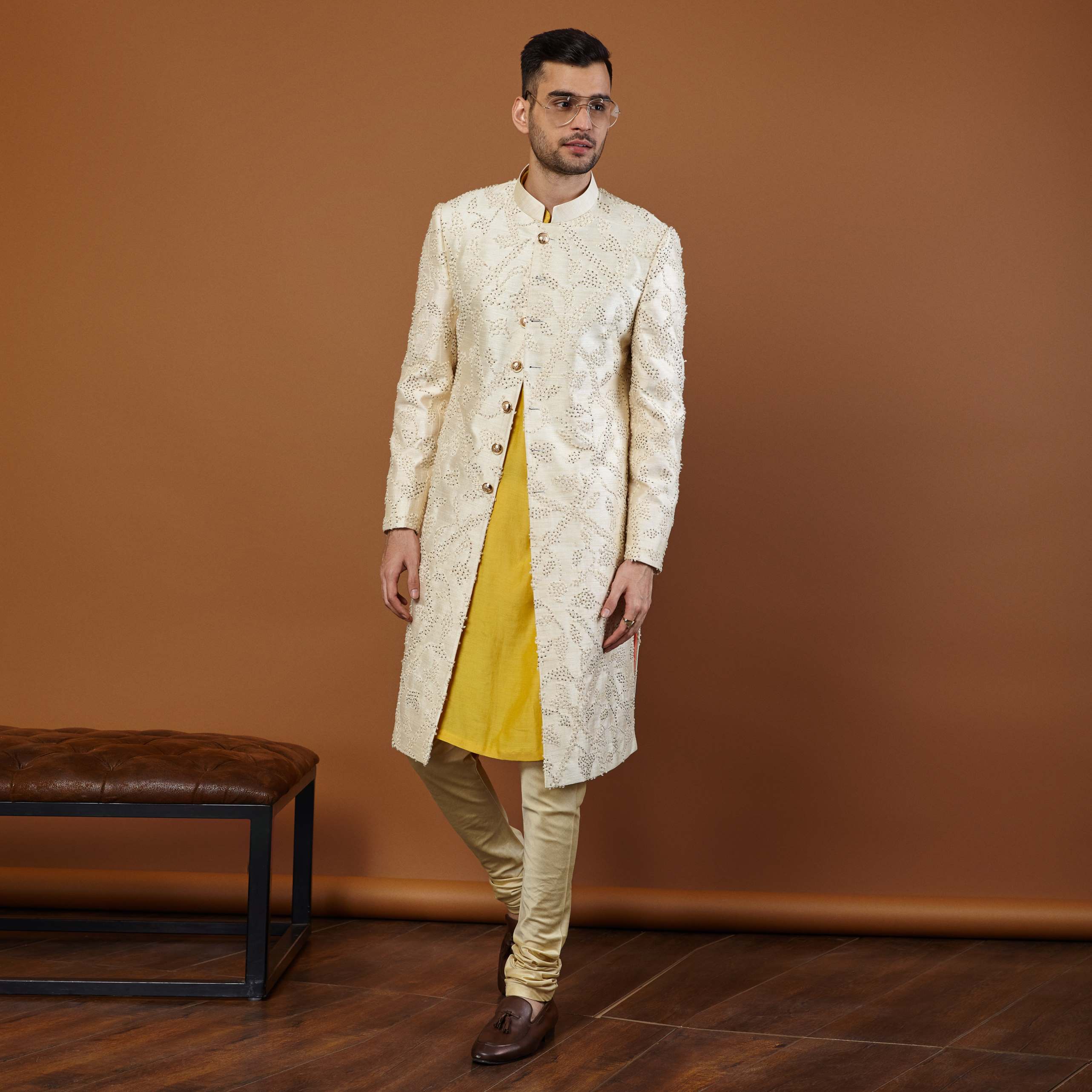 IVORY FRENCH KNOT SHERWANI