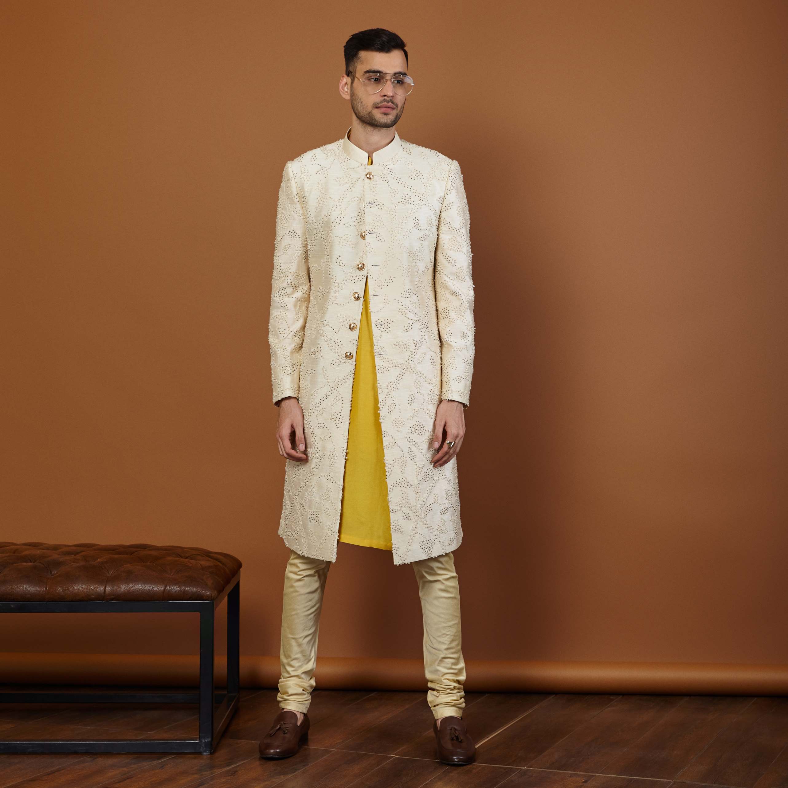 IVORY FRENCH KNOT SHERWANI